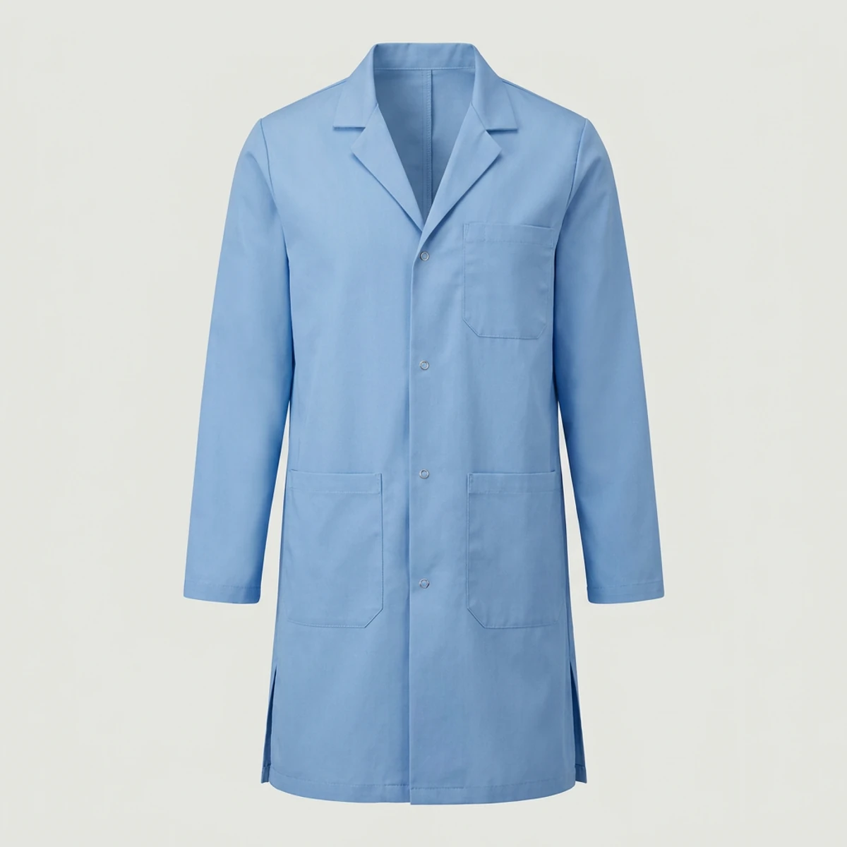 Ceil blue mid-thigh lab coat with snap front and side slits