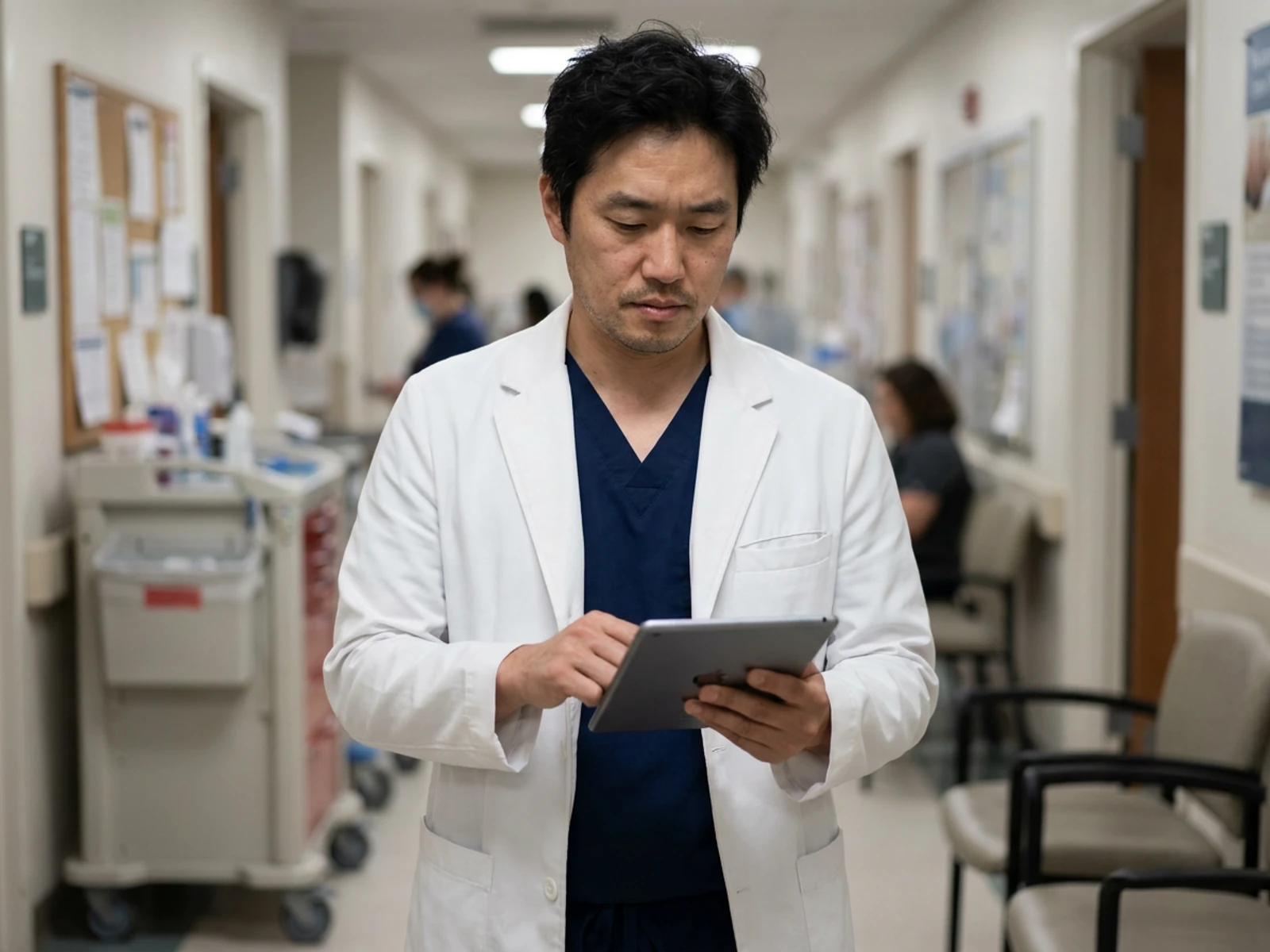 Physician in a white consultation lab coat talking with a colleague in an outpatient clinic