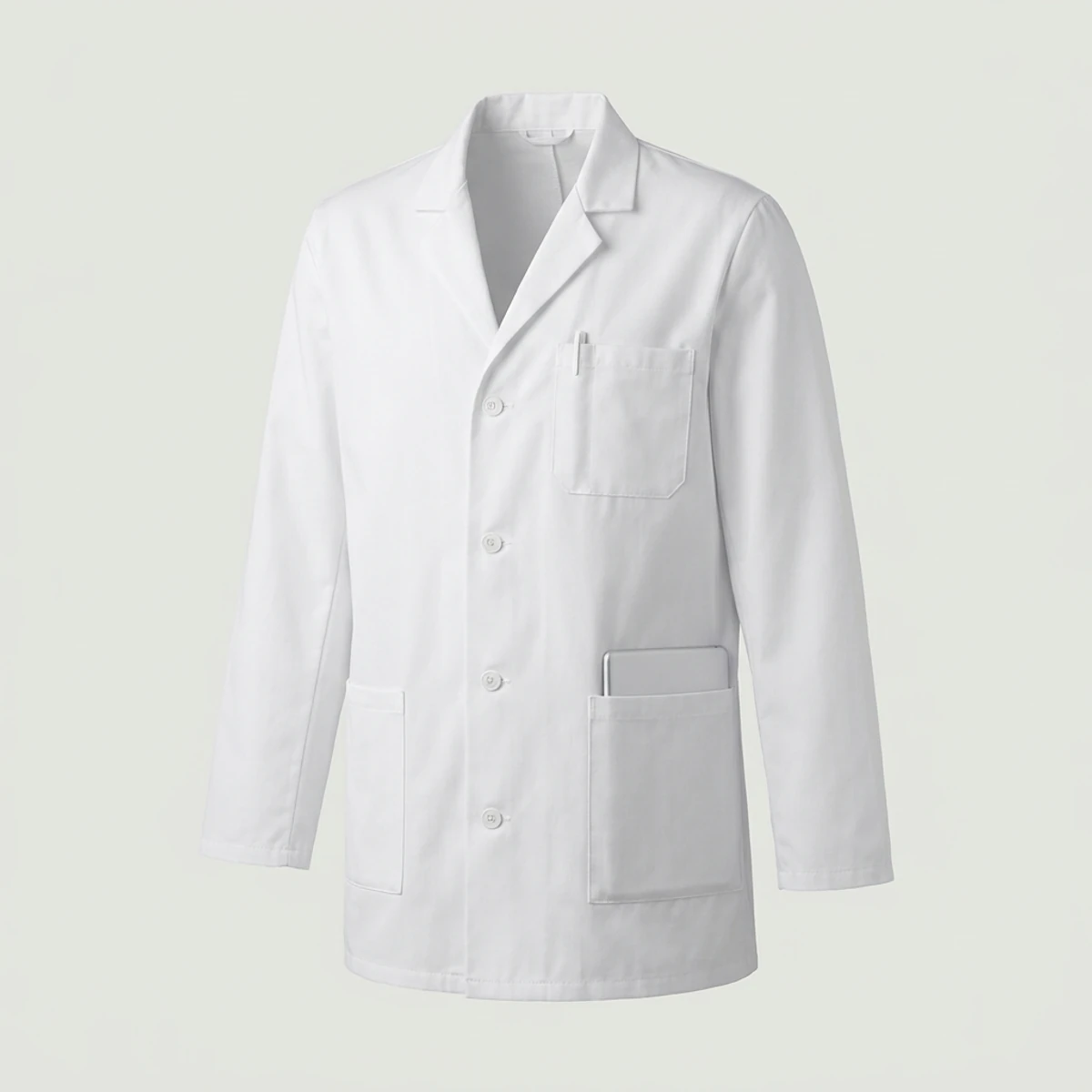 Men's white consultation lab coat with enlarged lower pocket for a tablet