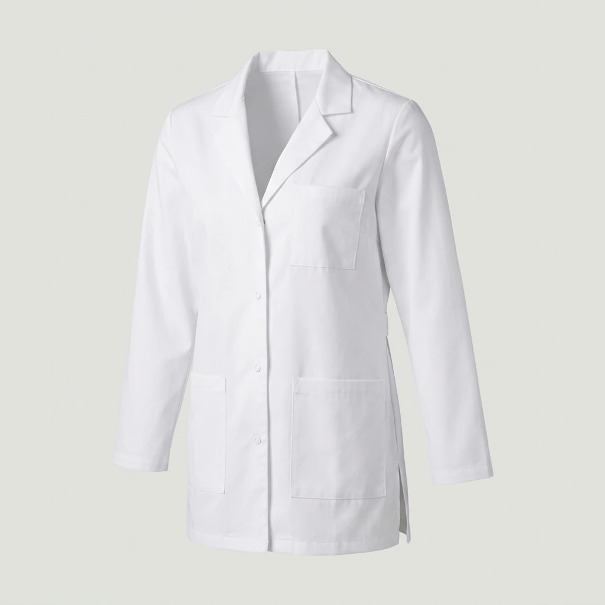 White snap-front consultation lab coat with side pass-through slits