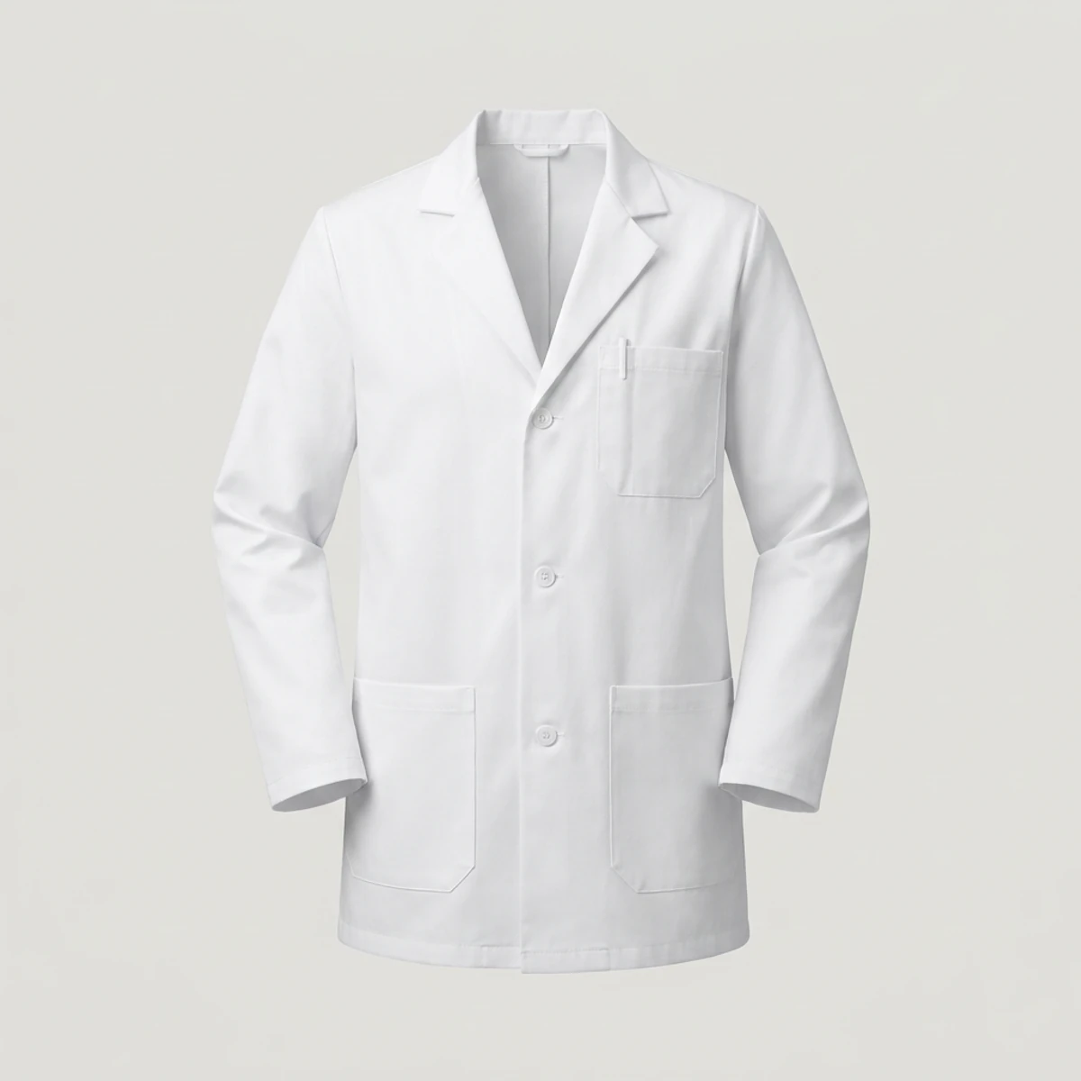 White hip-length consultation lab coat with notched lapel and three pockets