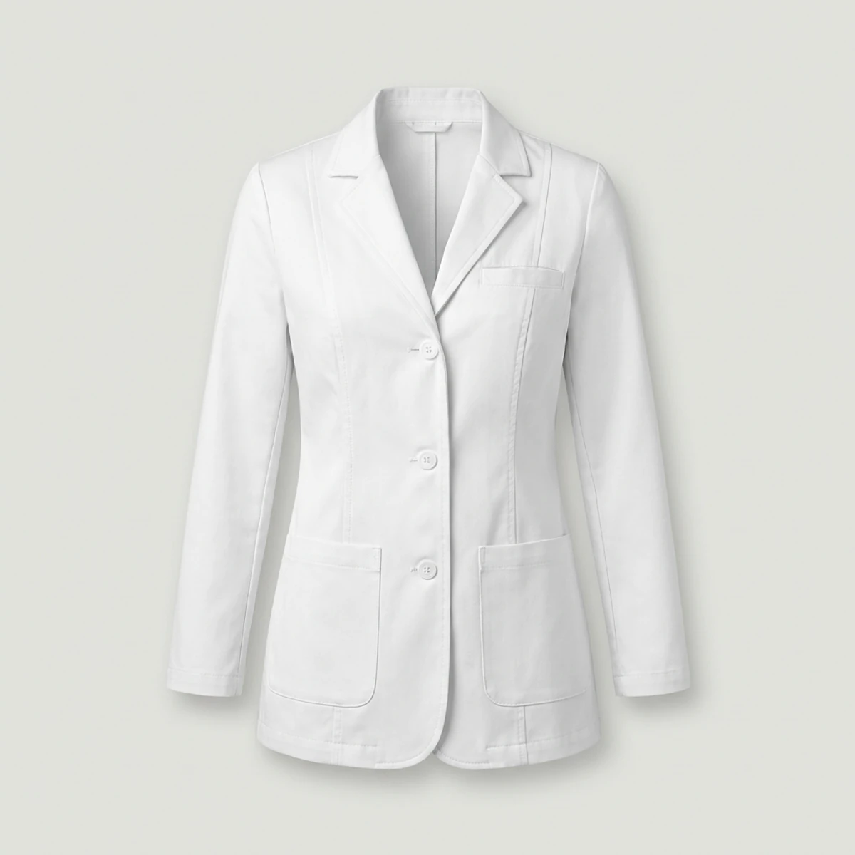 Women's fitted white consultation lab coat with princess seams and back darts