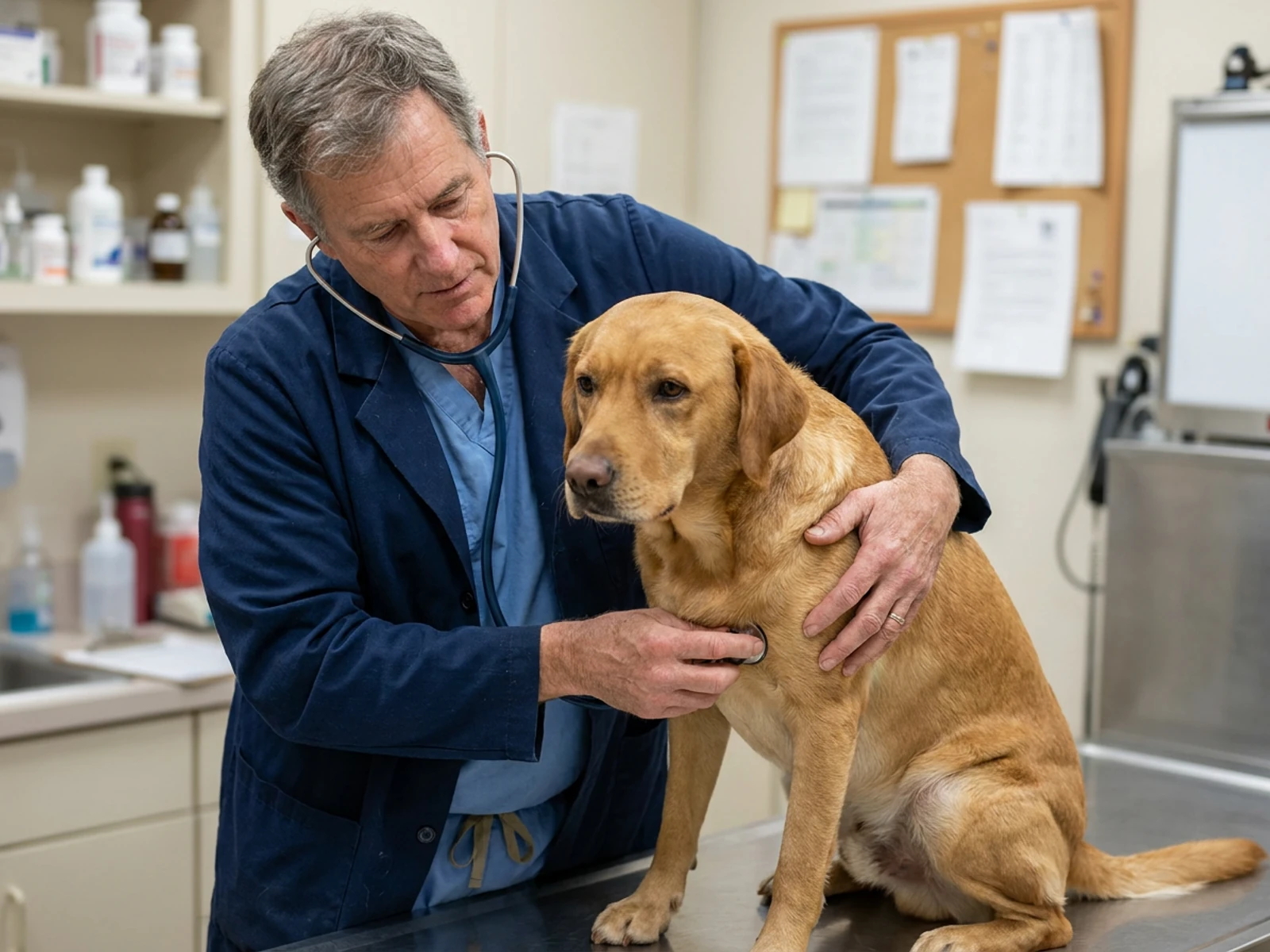 Veterinarian in a navy consultation lab coat examining a dog on an exam table