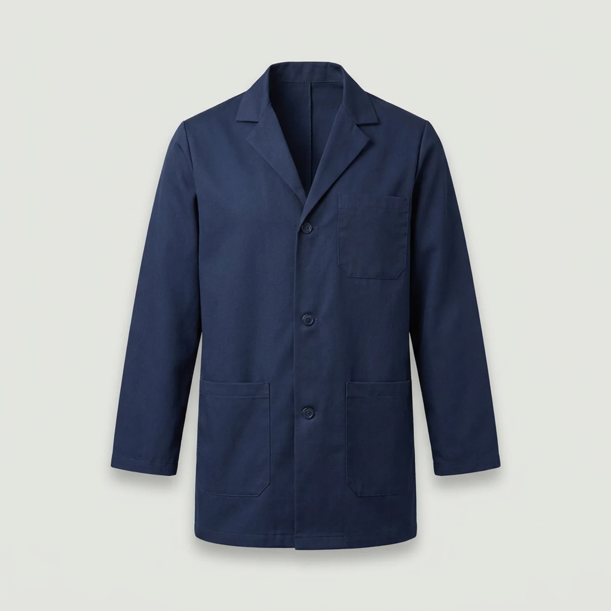 Navy blue consultation lab coat with notched lapel and three pockets