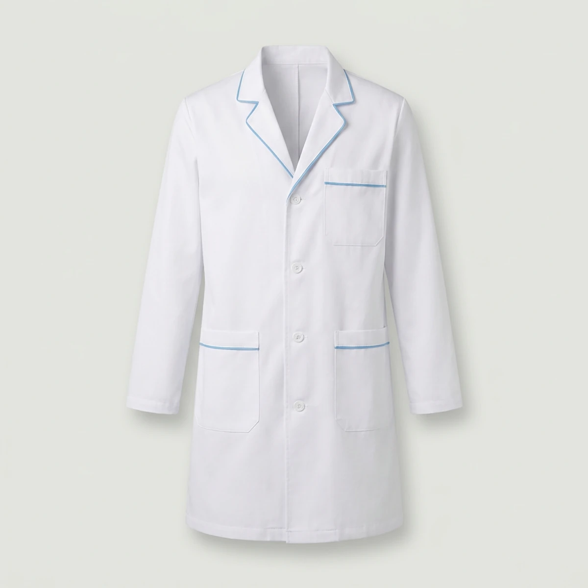 White mid-thigh lab coat with ceil blue piping on lapels and pockets