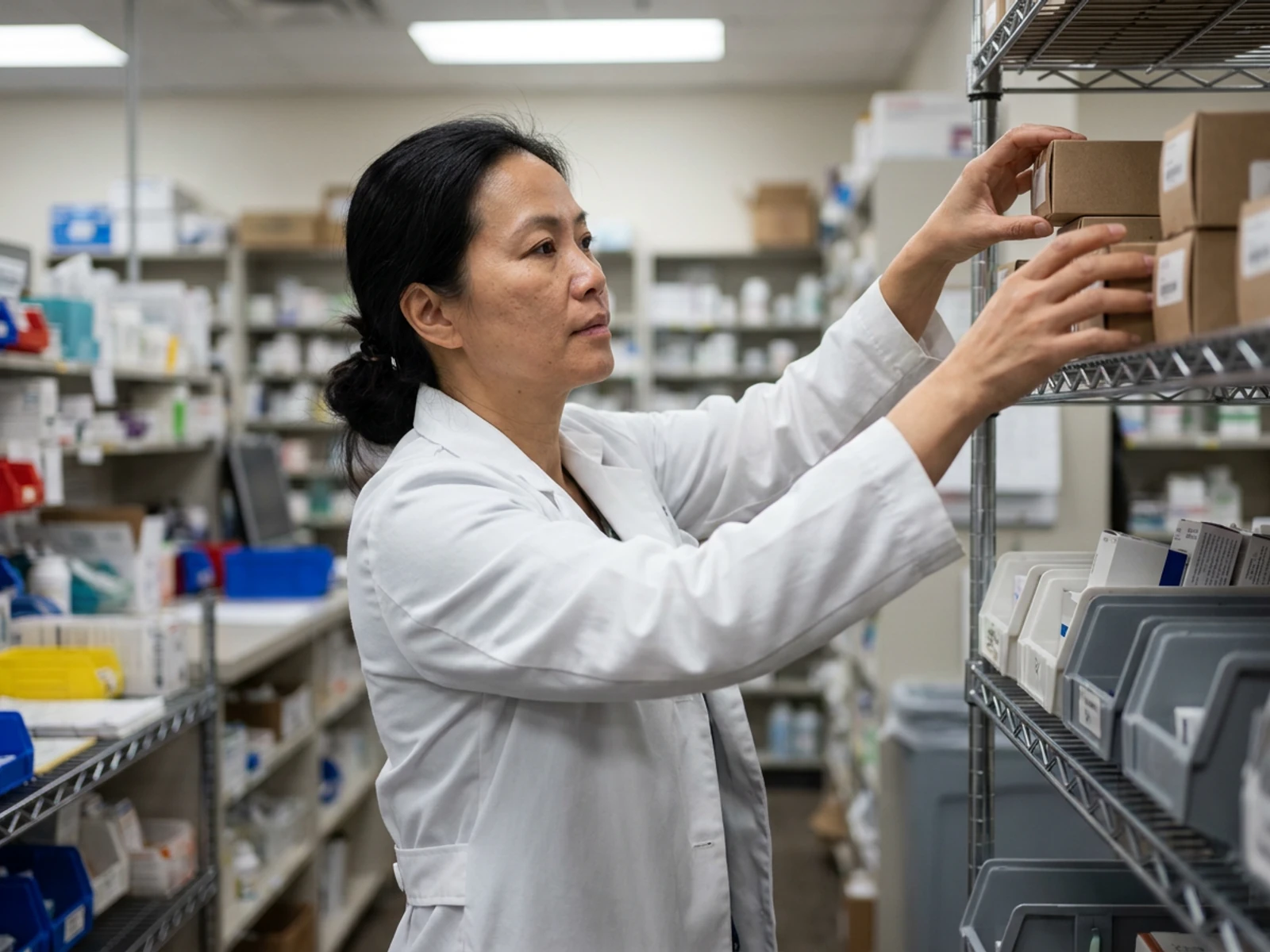 Pharmacist in a white mid-thigh staff lab coat checking medication on hospital pharmacy shelves