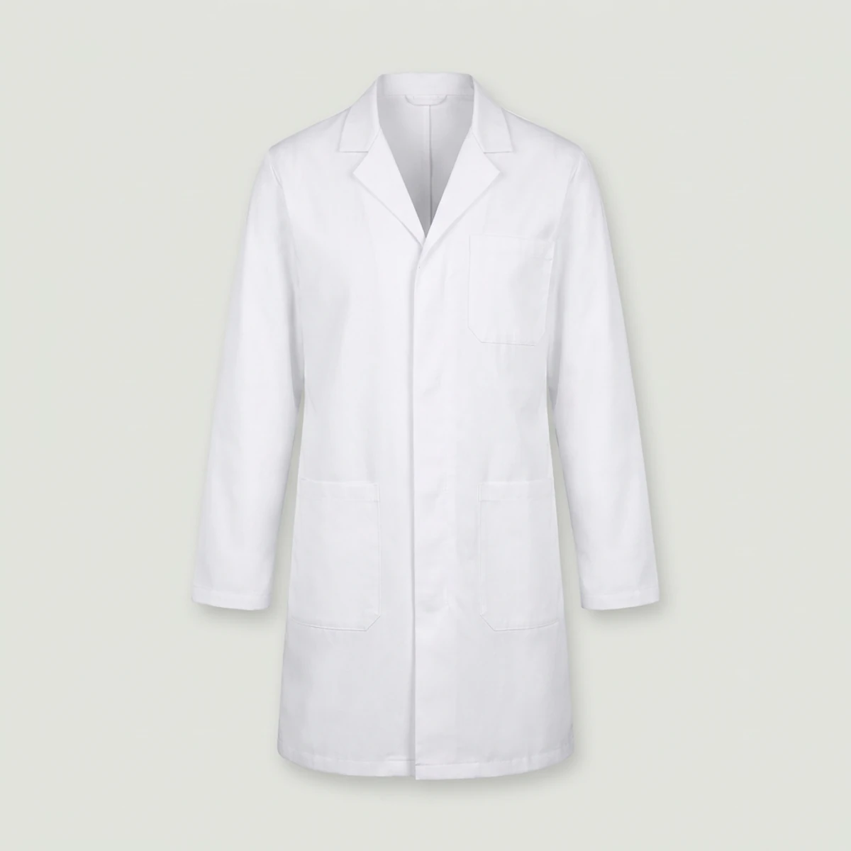 White mid-thigh lab coat with concealed snap placket and chest pocket