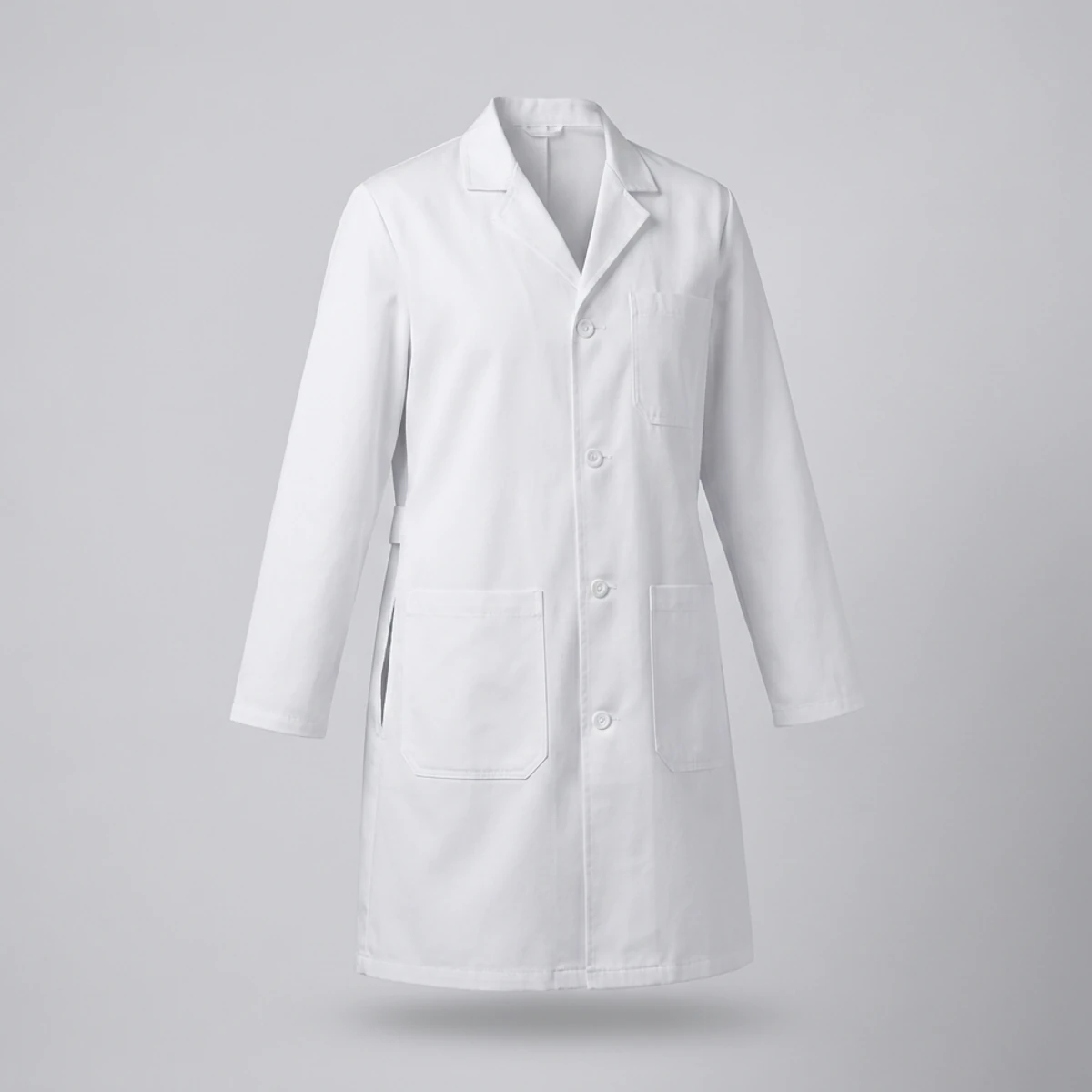 White mid-thigh staff lab coat with notched lapel and back half belt