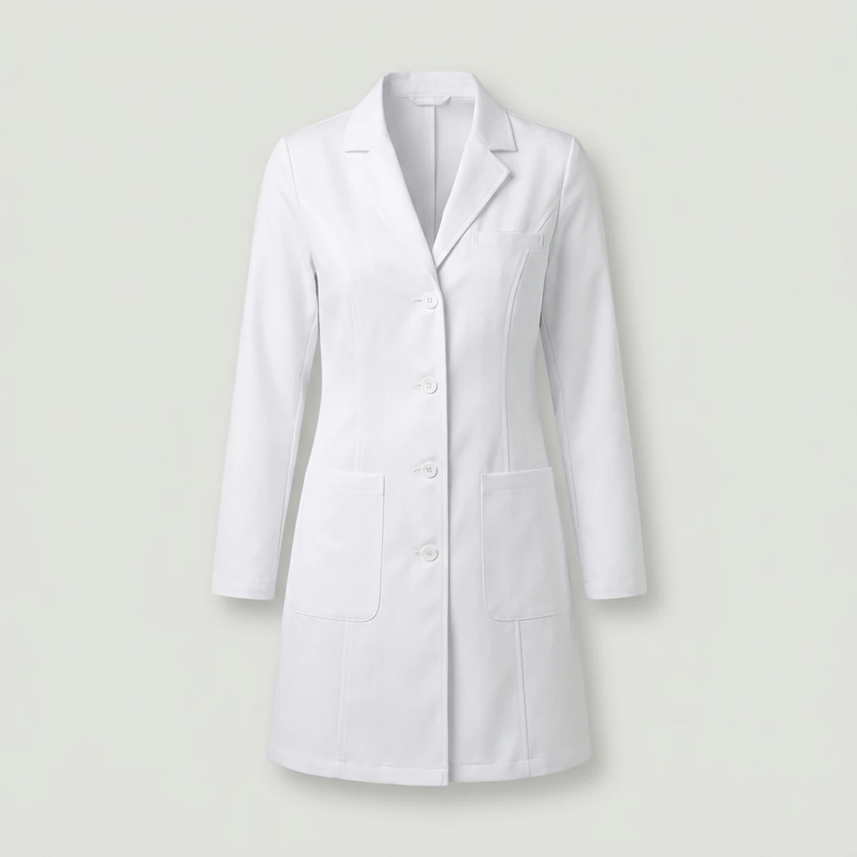 Women's mid-thigh white staff lab coat with princess seams and tailored waist