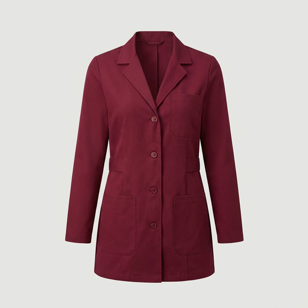 Wine colored women's consultation lab coat with back belt and patch pockets