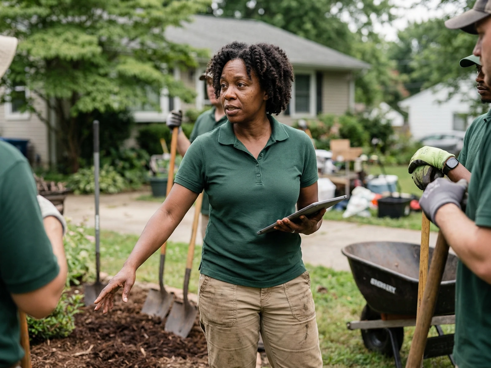 Landscaping crew leader in a hunter green polo talking through a planting plan