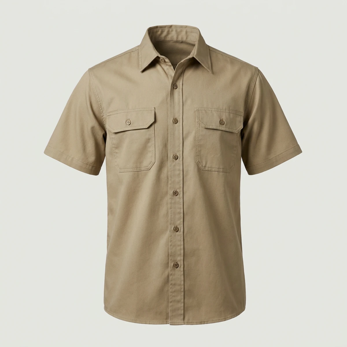 Khaki short-sleeve button work shirt with two flap chest pockets