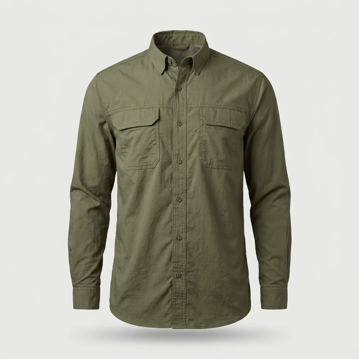Olive vented long-sleeve work shirt with back mesh yoke