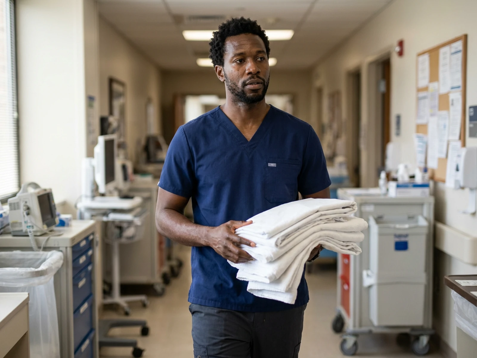 Male nurse in a navy men's-fit scrub top carrying linens down a hospital hallway