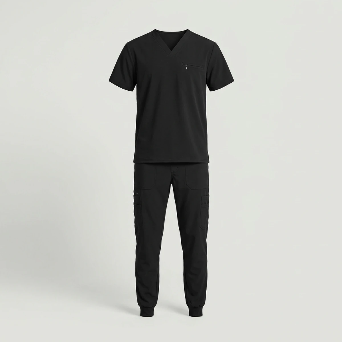 Black men's scrub set with zip chest pocket top and jogger pants