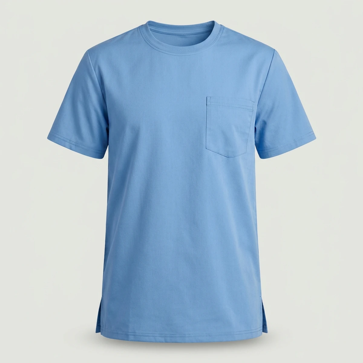 Ceil blue men's crew neck scrub top with chest pocket and side vents