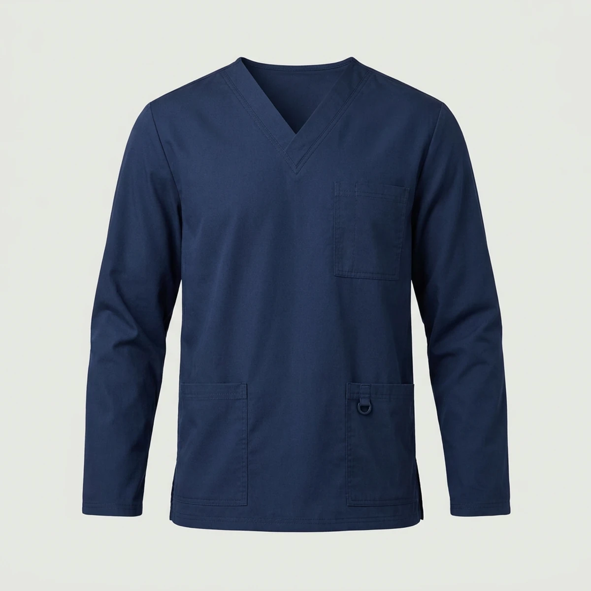 Navy men's-fit scrub top cut wider through shoulders with longer body