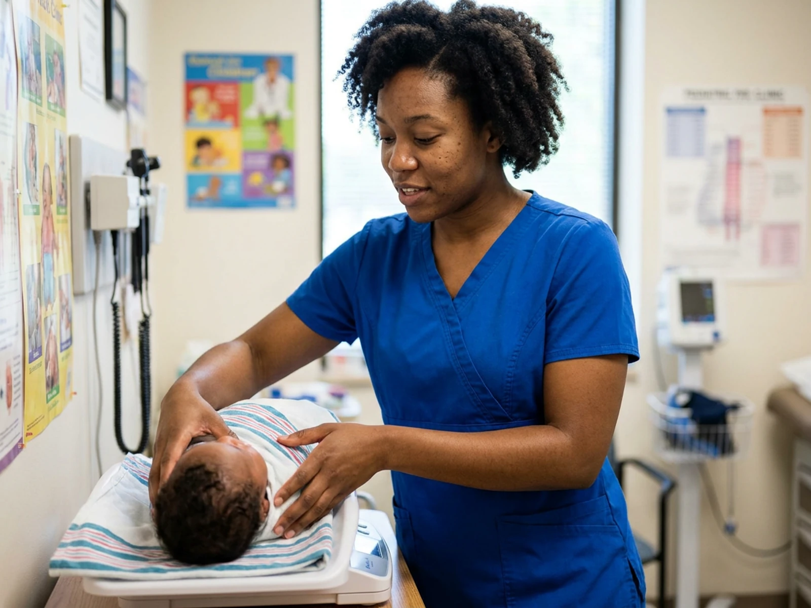 Clinician in a royal blue mock wrap scrub top weighing an infant at a pediatric clinic