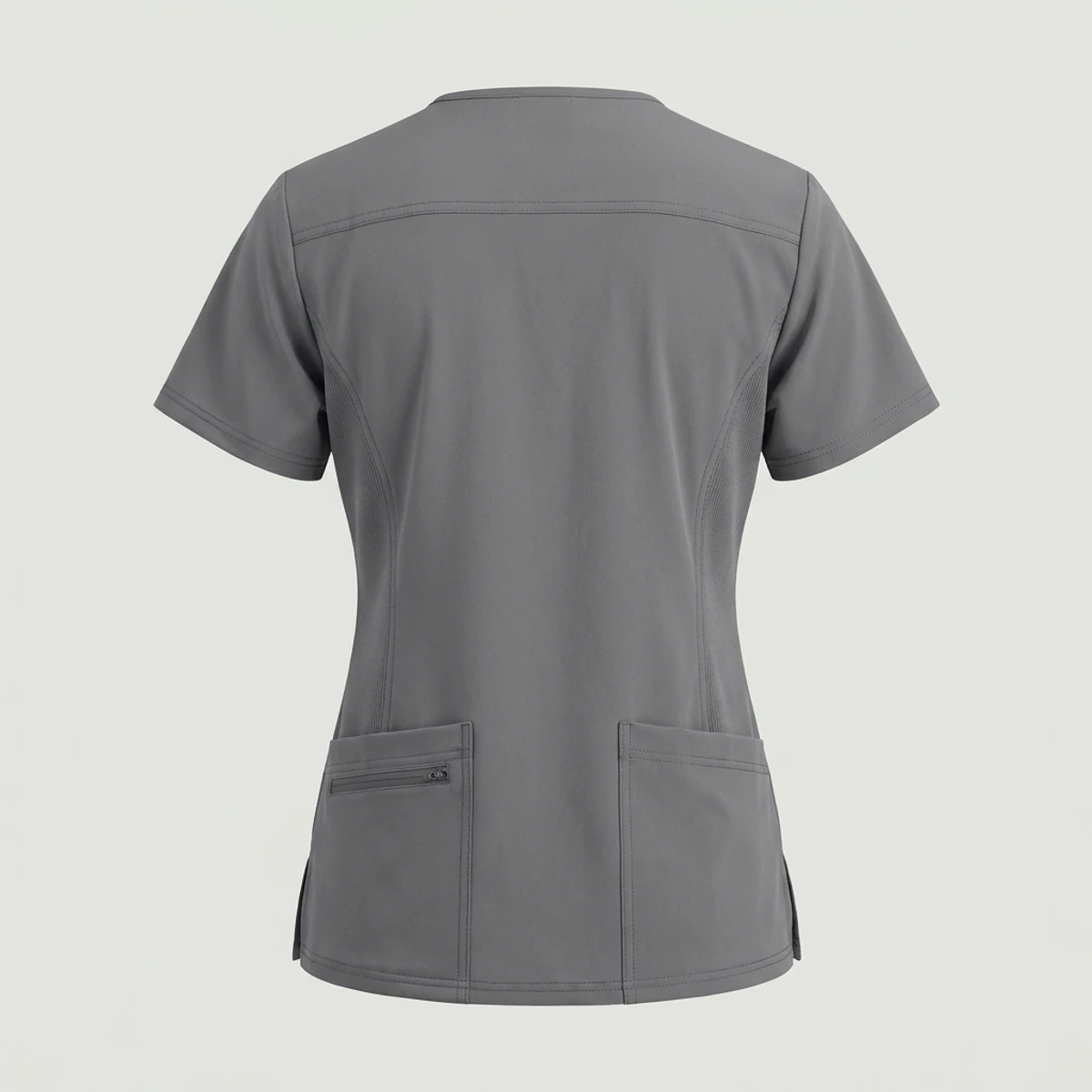 Pewter grey tailored mock wrap scrub top with yoke and stretch side panels