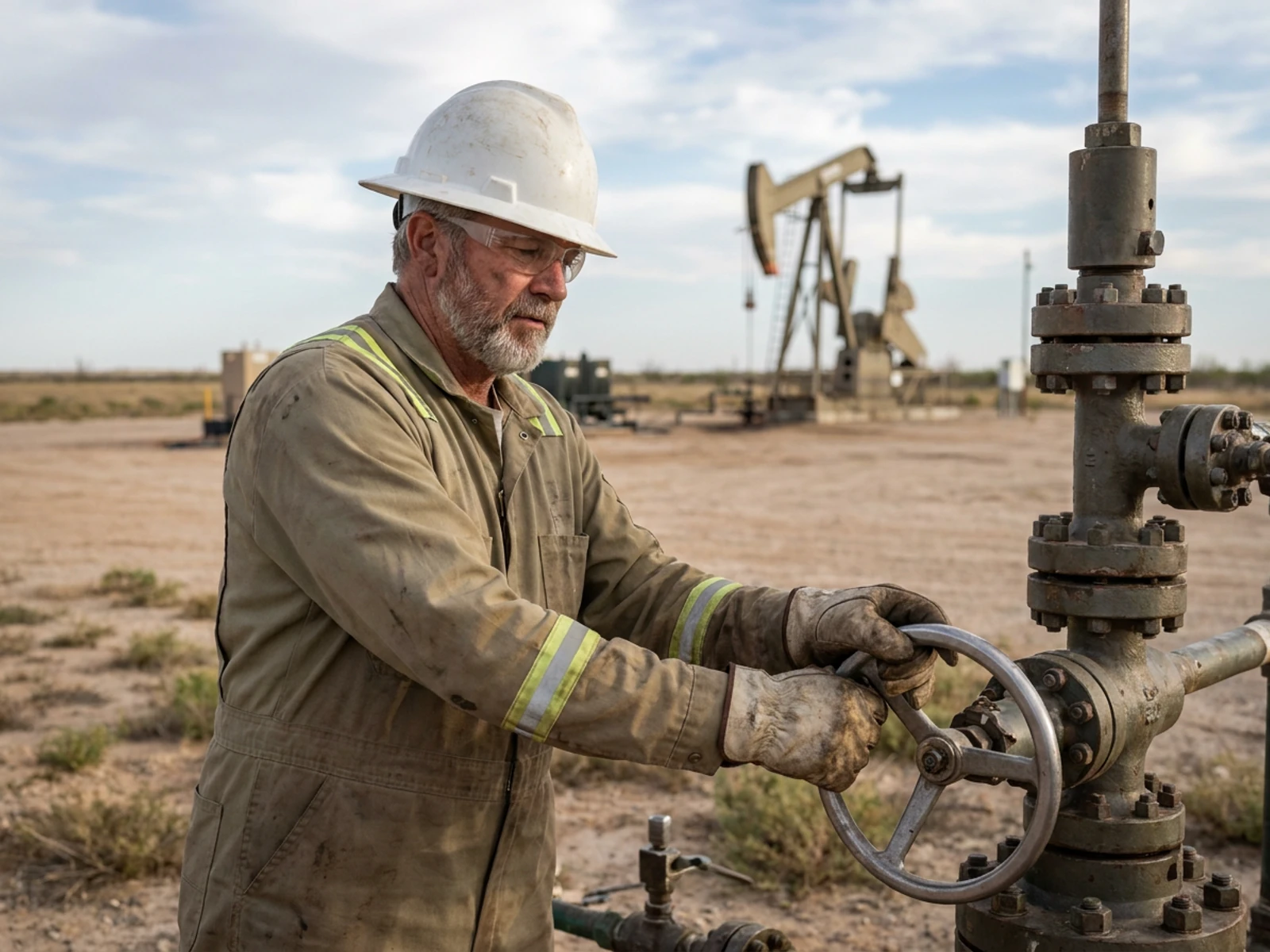 Oilfield worker in a khaki flame-resistant coverall with reflective bands, hard hat and safety glasses turning a valve at a wellhead