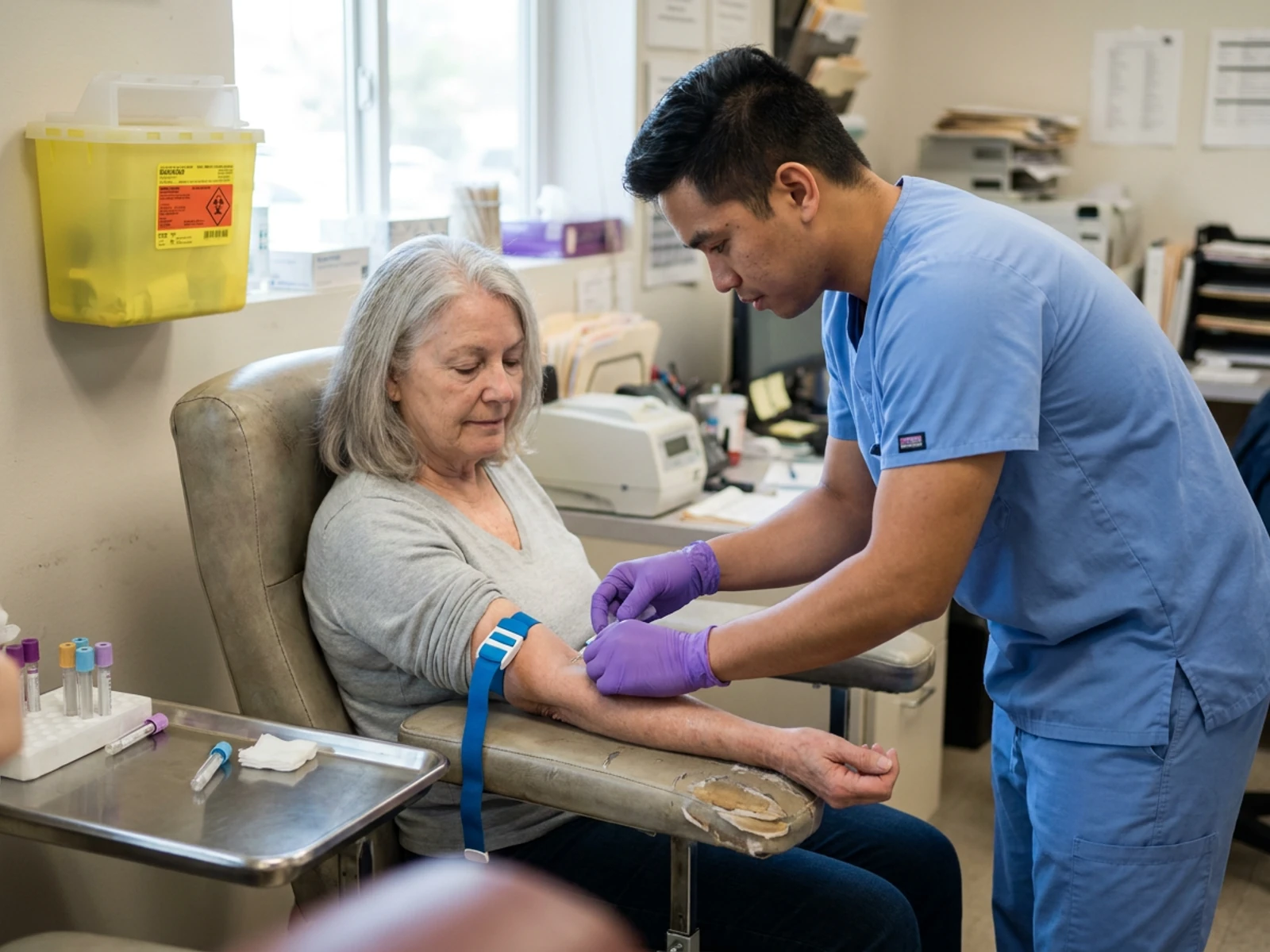 Phlebotomist in a ceil blue V-neck scrub top drawing blood from a patient seated in a draw chair at an outpatient lab