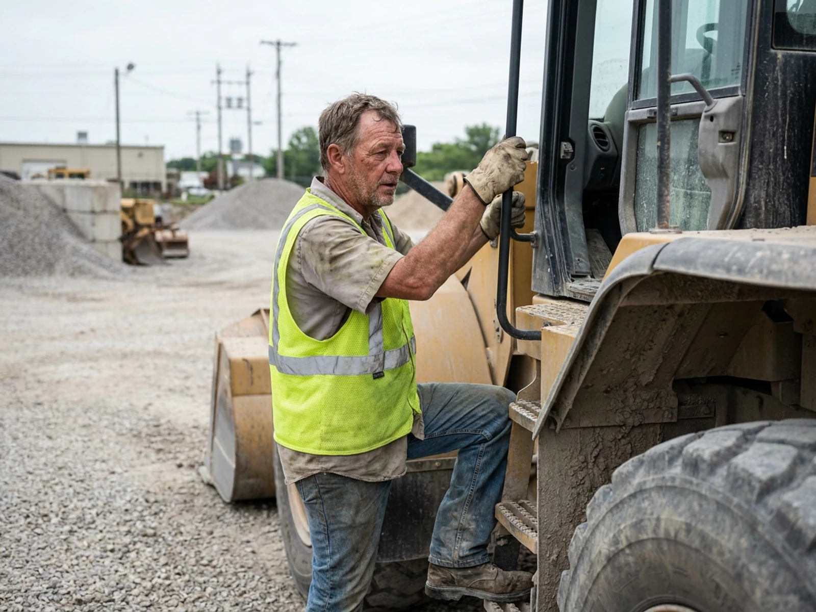 Equipment operator in a yellow-green breakaway vest climbing into a loader cab