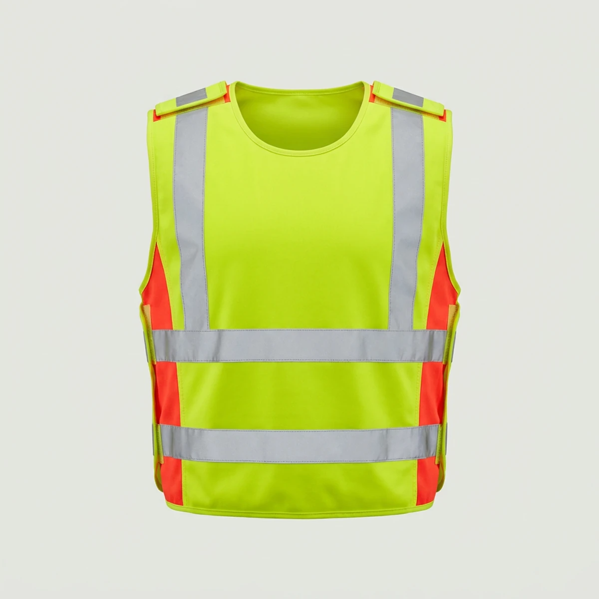 Short yellow-green public safety vest with orange side panels and breakaway seams