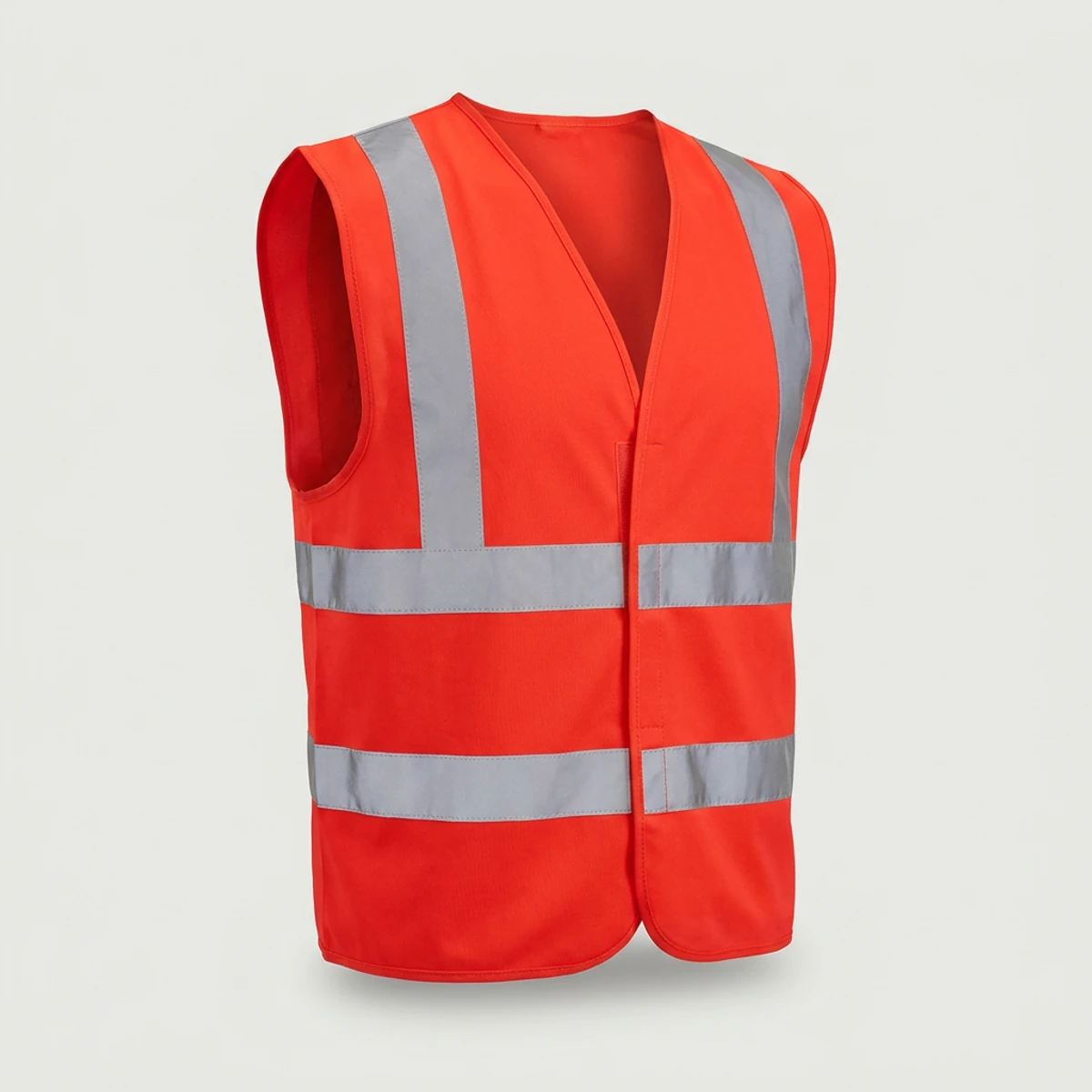 Fluorescent orange solid safety vest with segmented silver reflective tape and hook-and-loop front