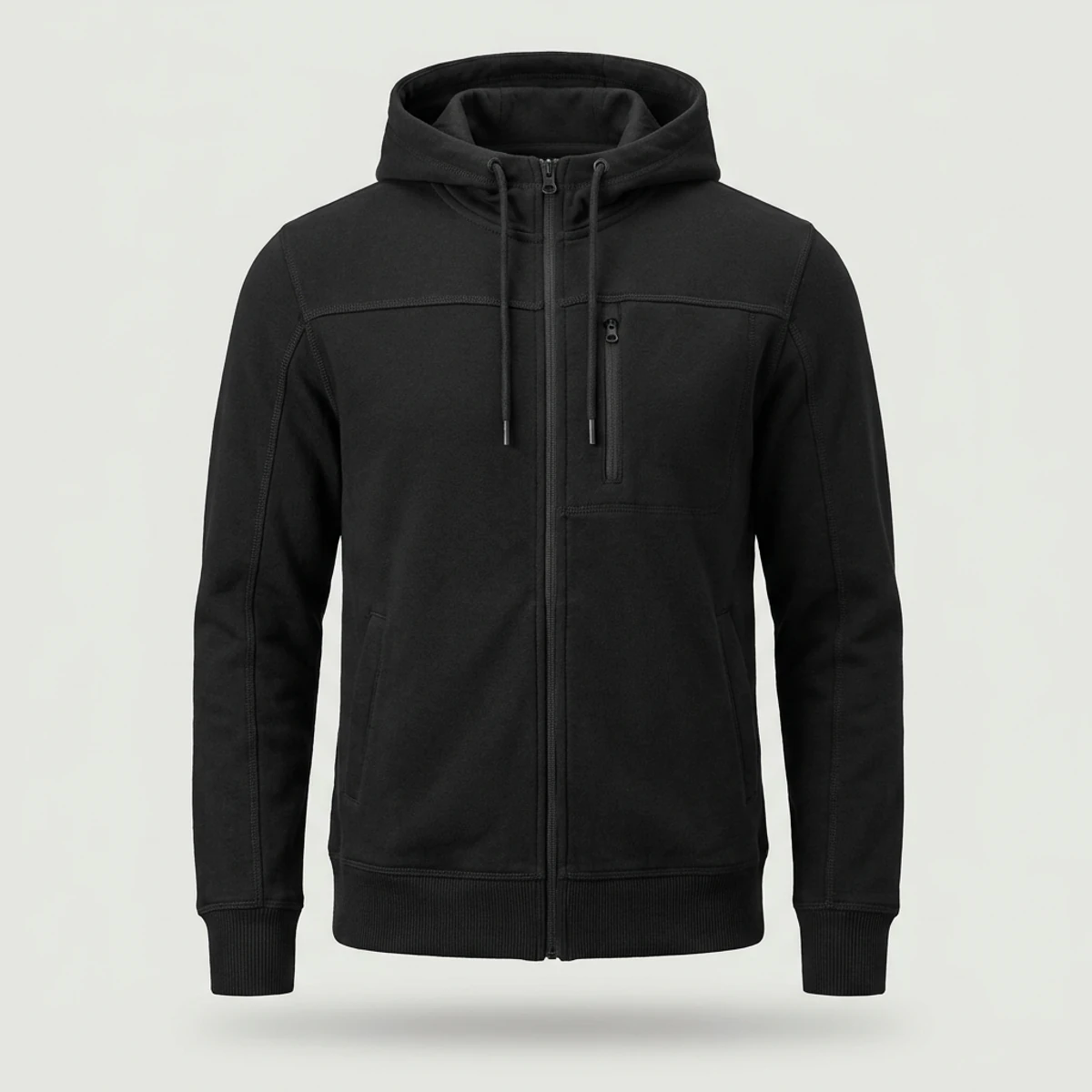 Black full-zip scrub hoodie with chest badge pocket and rib cuffs
