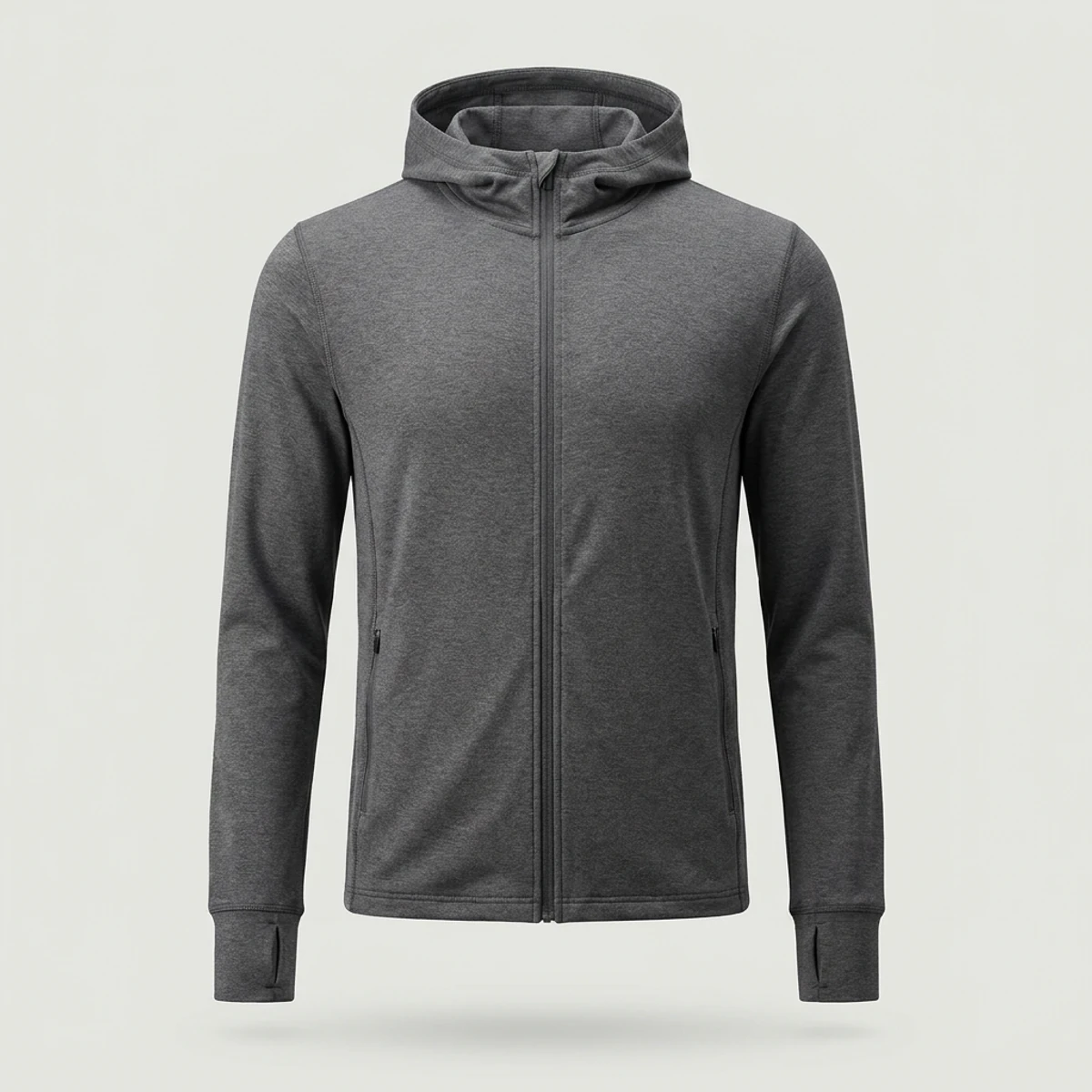 Charcoal grey full-zip medical hoodie with thumbhole cuffs and zip pockets