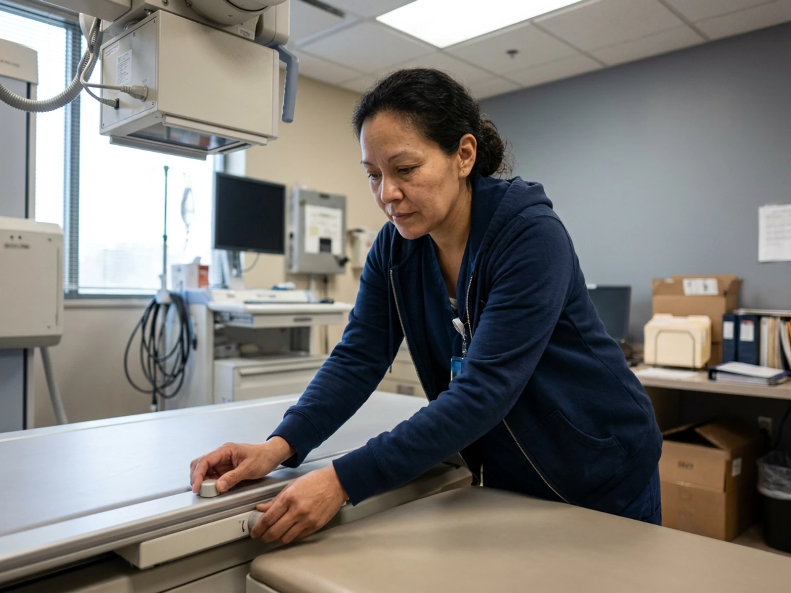 Radiology tech in a navy full-zip scrub hoodie setting up an imaging room