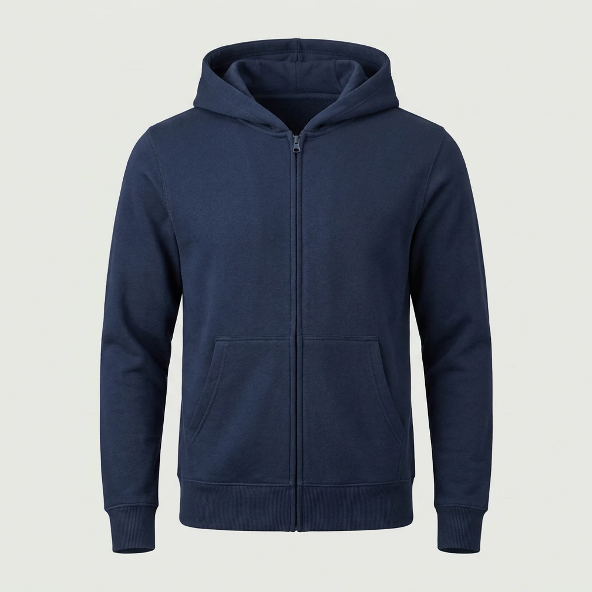 Navy full-zip scrub hoodie with lined hood and split kangaroo pockets
