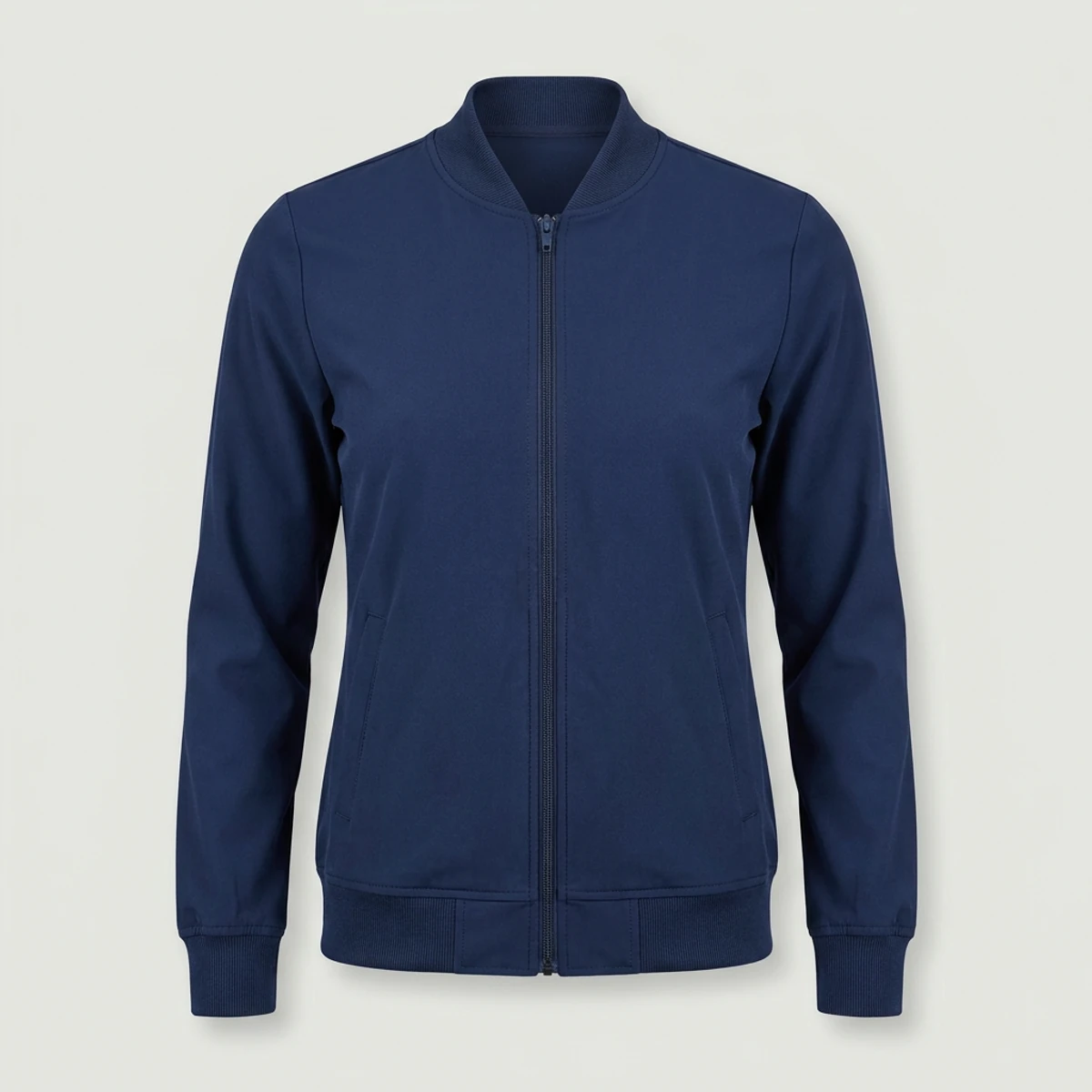 Navy bomber scrub jacket with ribbed collar, cuffs and hem