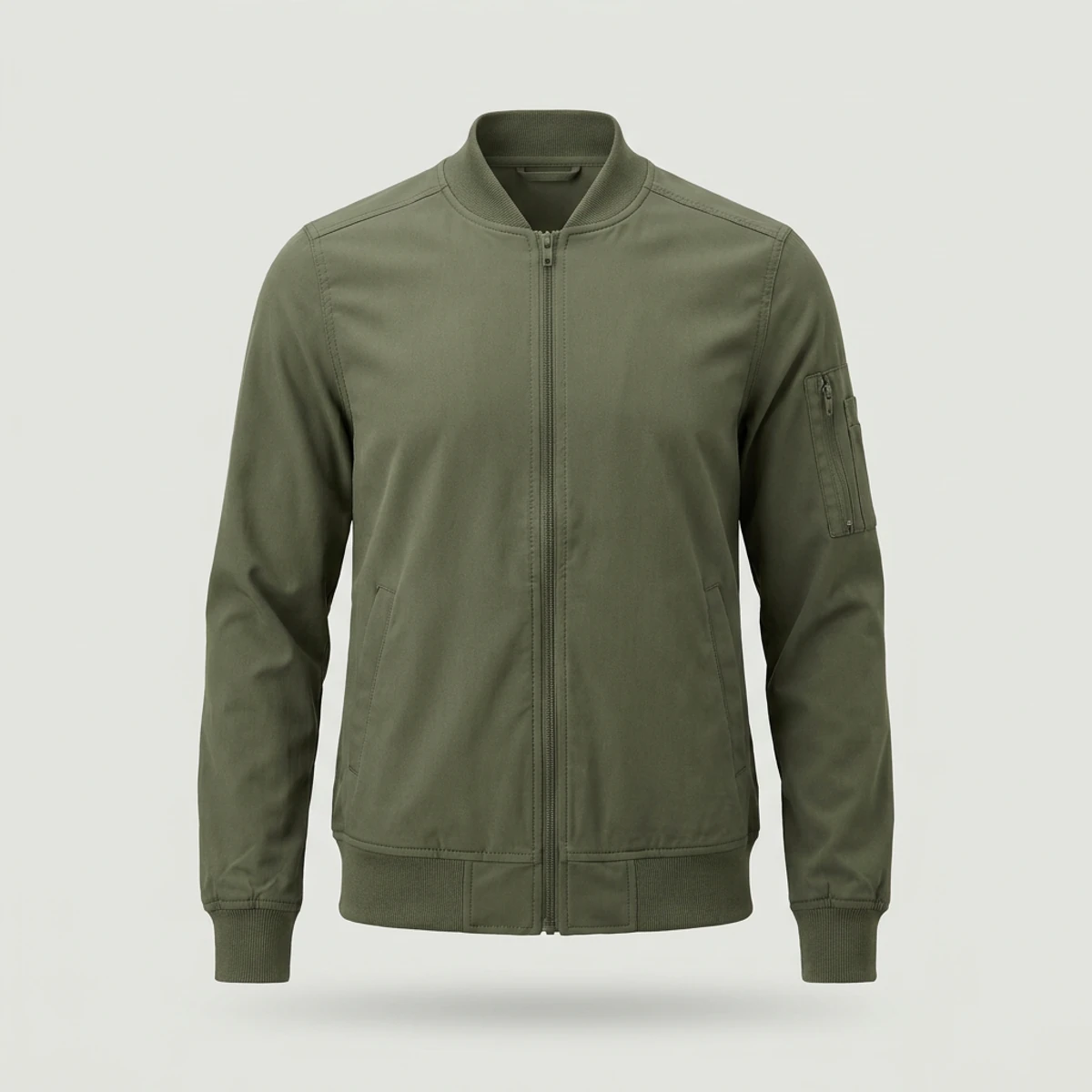 Olive green bomber scrub jacket with rib trim and sleeve pocket