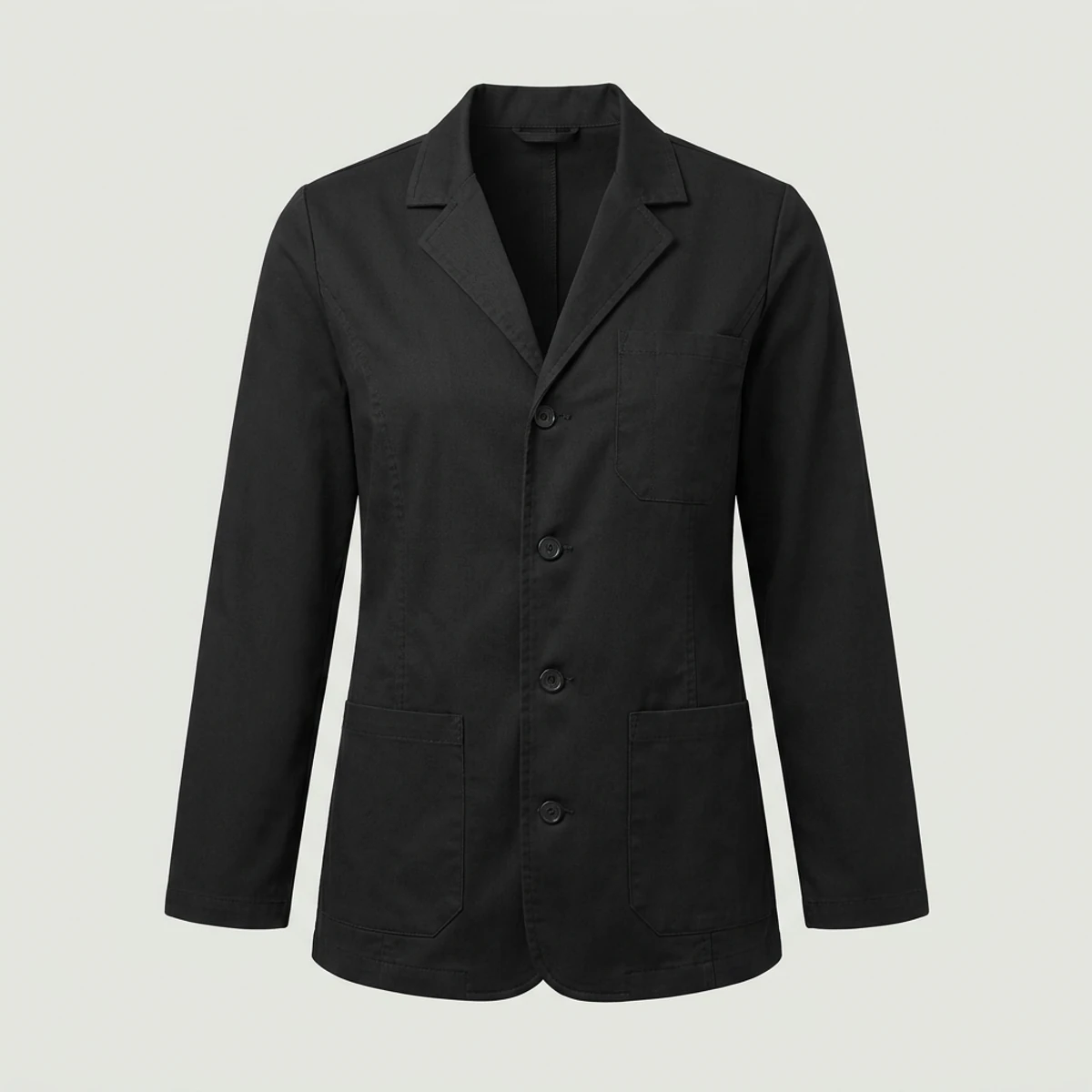 Black notched-collar scrub jacket with button front and patch pockets