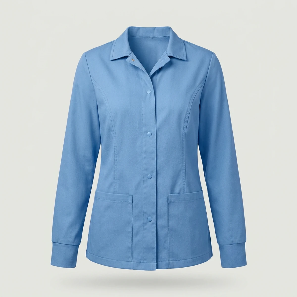 Ceil blue women's collared scrub jacket with princess seams and snaps