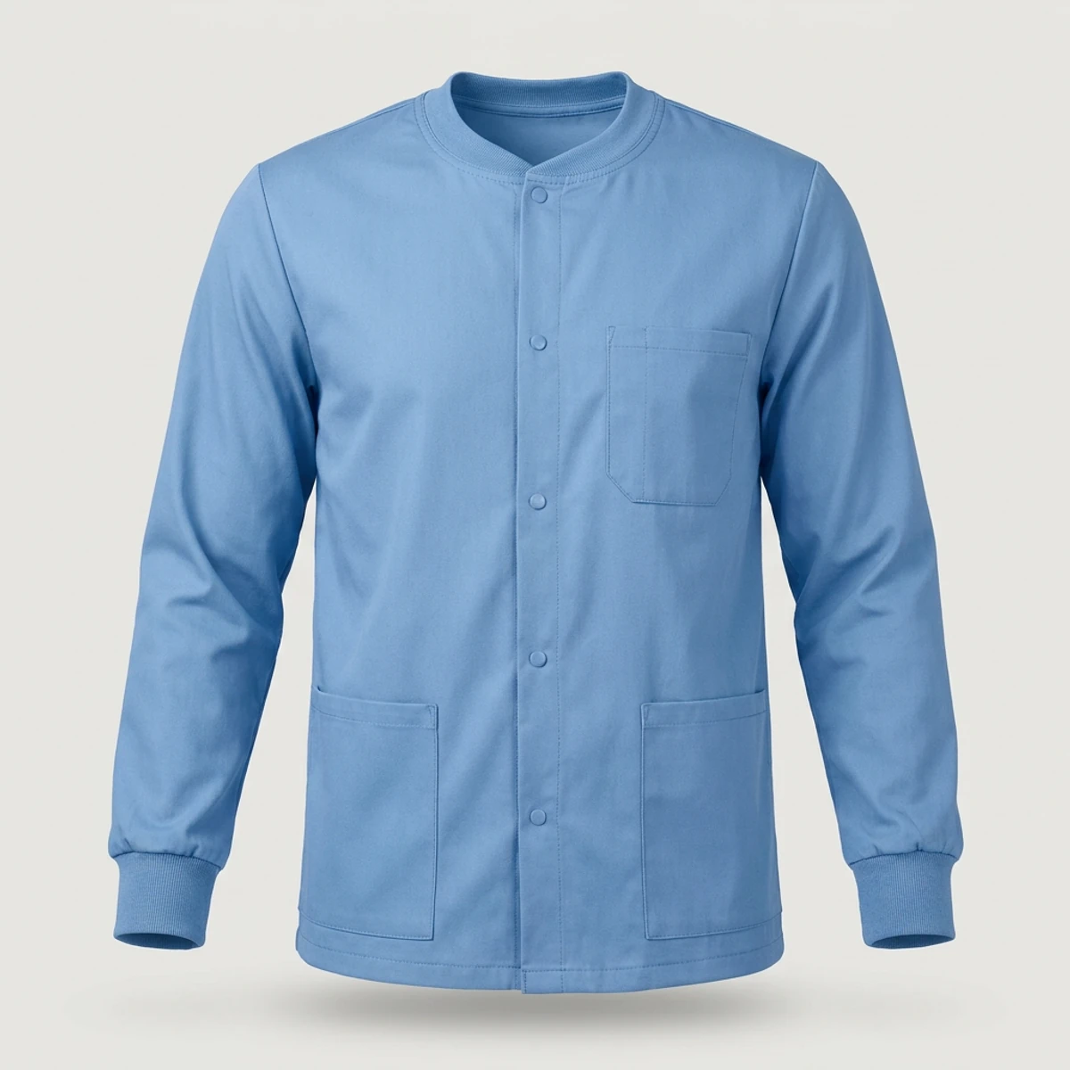 Ceil blue snap-front scrub jacket with banded neck and knit cuffs