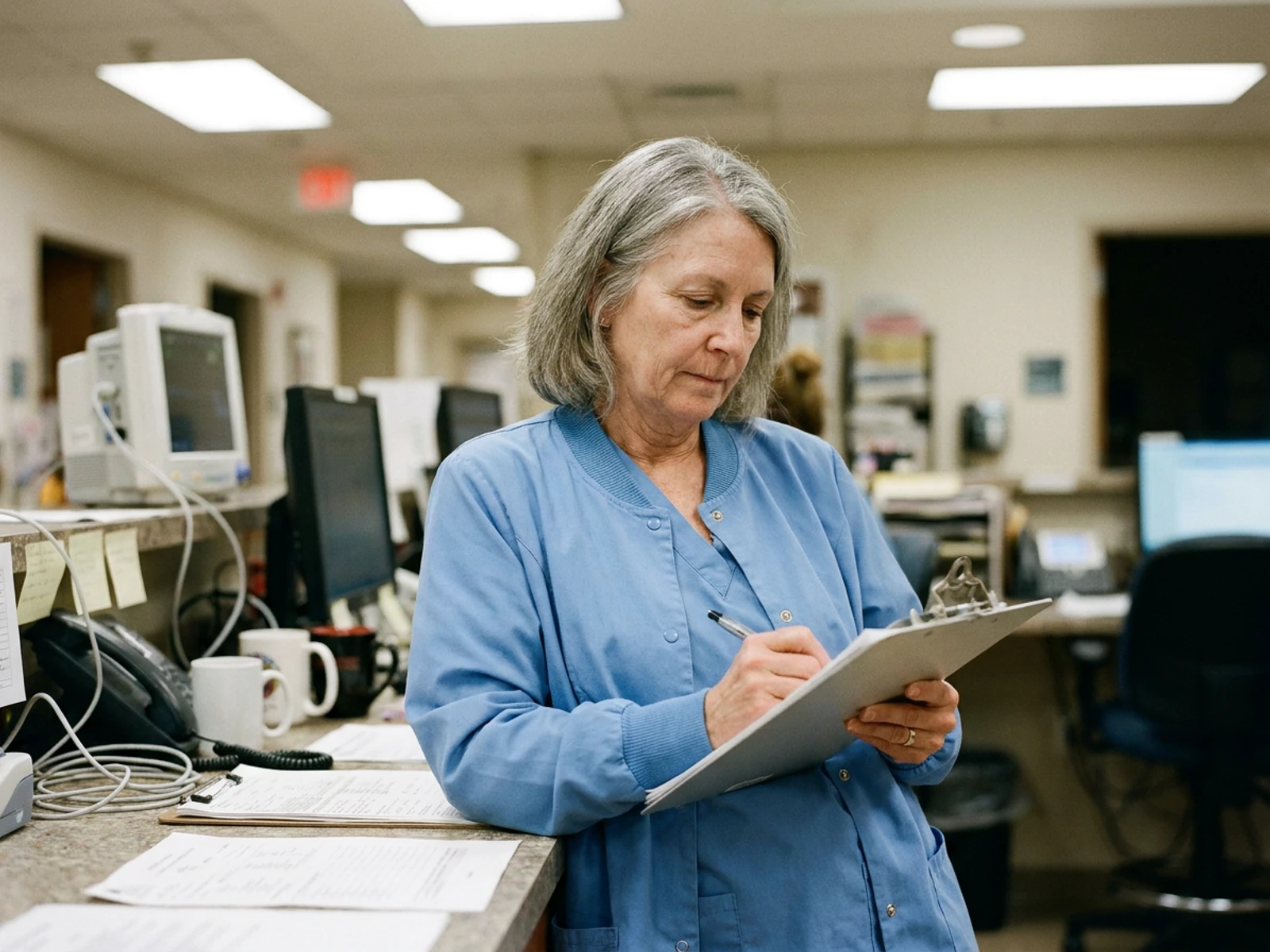 Nurse in a ceil blue snap-front scrub jacket writing notes at a nurses station