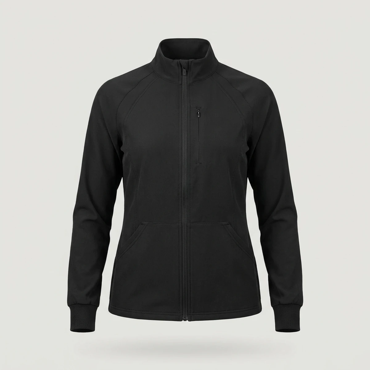 Black zip-front scrub jacket with stand collar and zip chest pocket