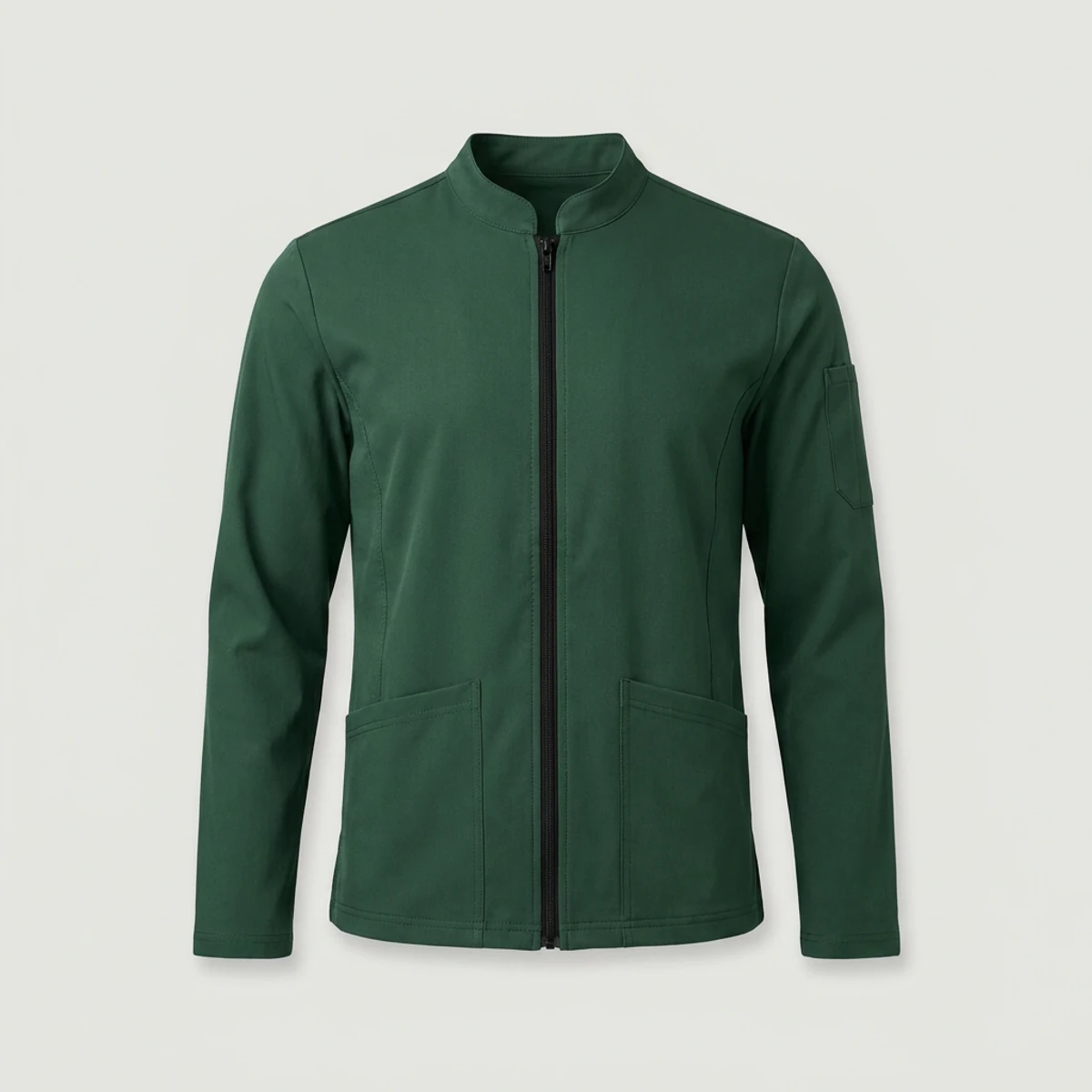 Hunter green zip scrub jacket with contrast zipper and sleeve pocket