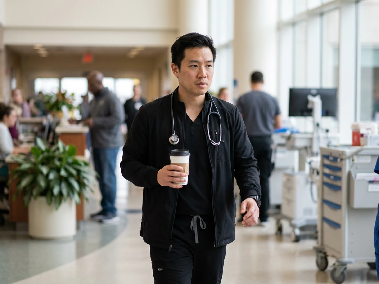 Respiratory therapist in a black zip-front scrub jacket walking through a hospital lobby