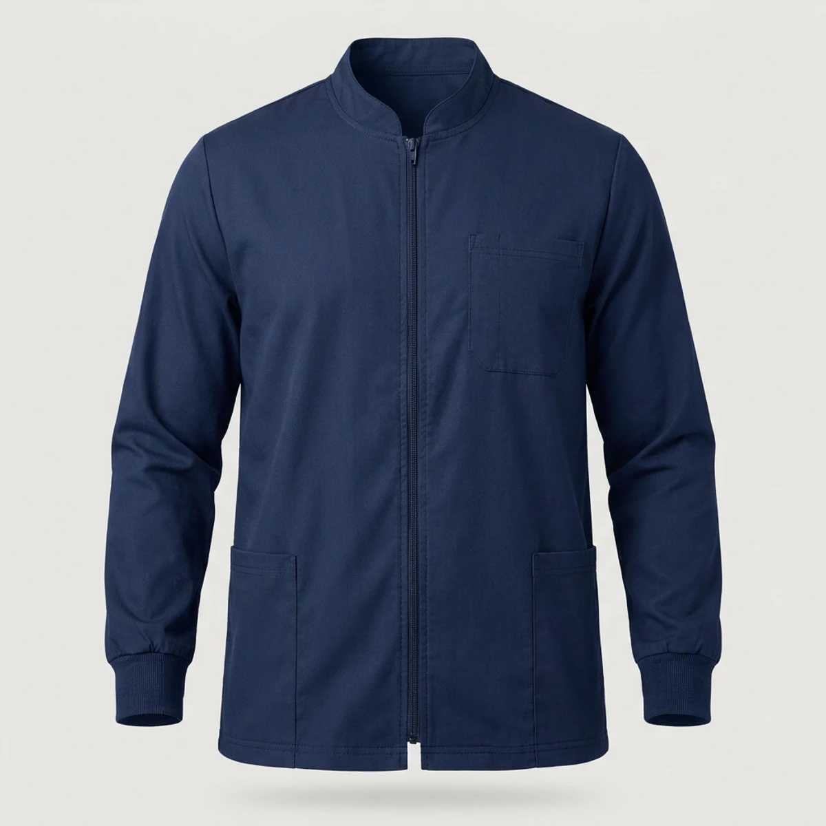 Navy men's zip-front scrub jacket with stand collar and side pockets