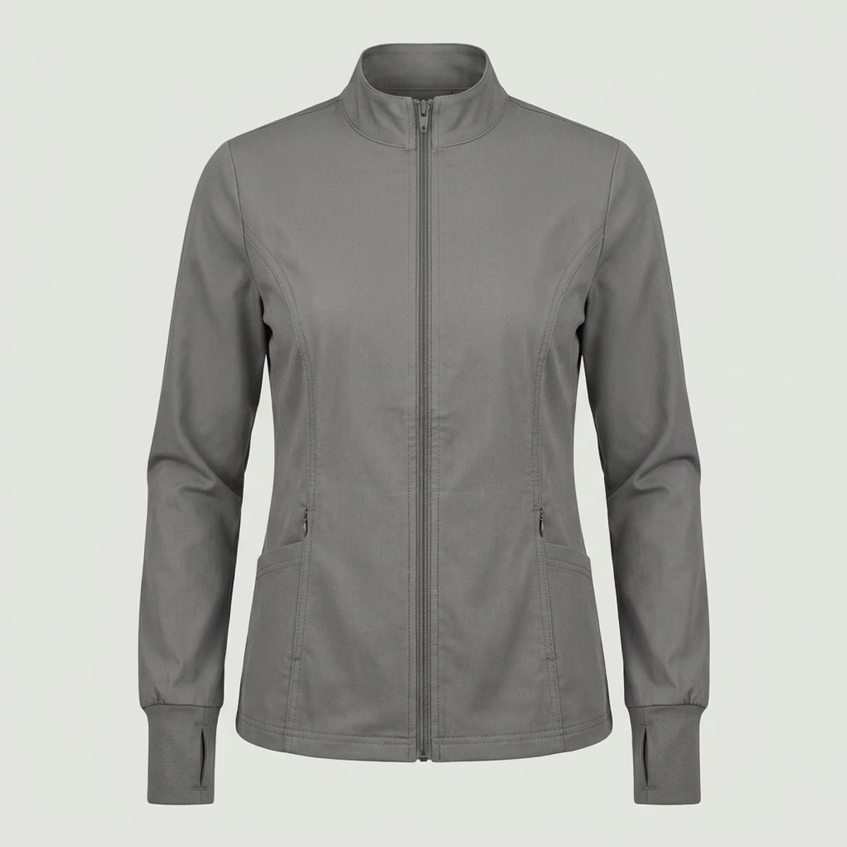 Pewter grey women's fitted zip scrub jacket with thumbhole cuffs