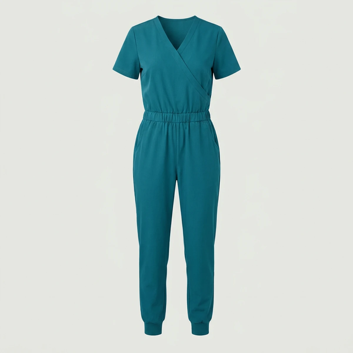 Teal mock wrap scrub jumpsuit with crossed bodice and jogger legs