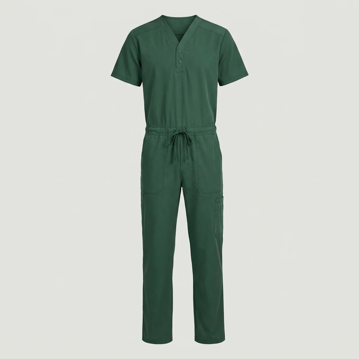 Hunter green men's V-neck scrub jumpsuit with roomy back yoke