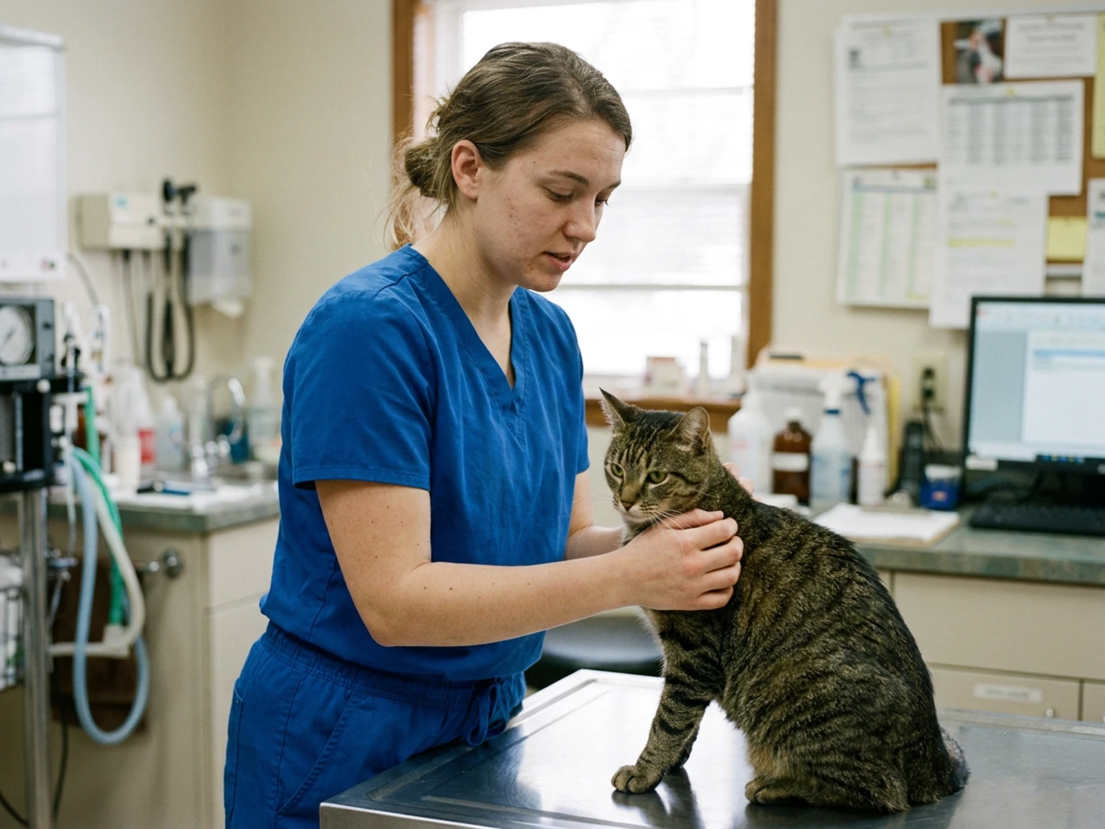 Vet tech in a royal blue V-neck scrub jumpsuit holding a cat at a veterinary clinic