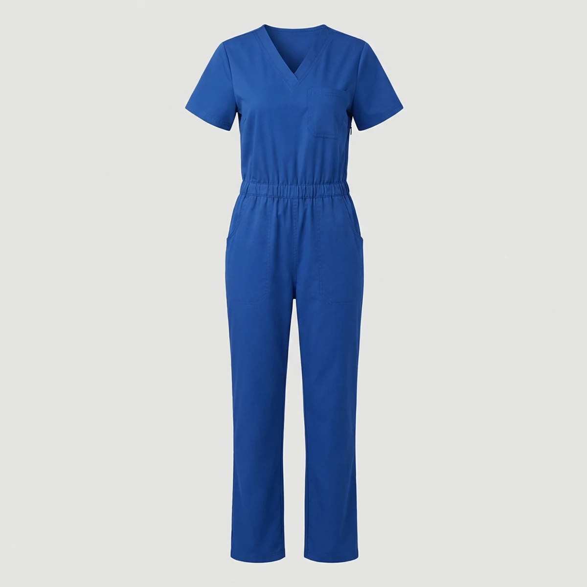 Royal blue V-neck scrub jumpsuit with straight legs and chest pocket