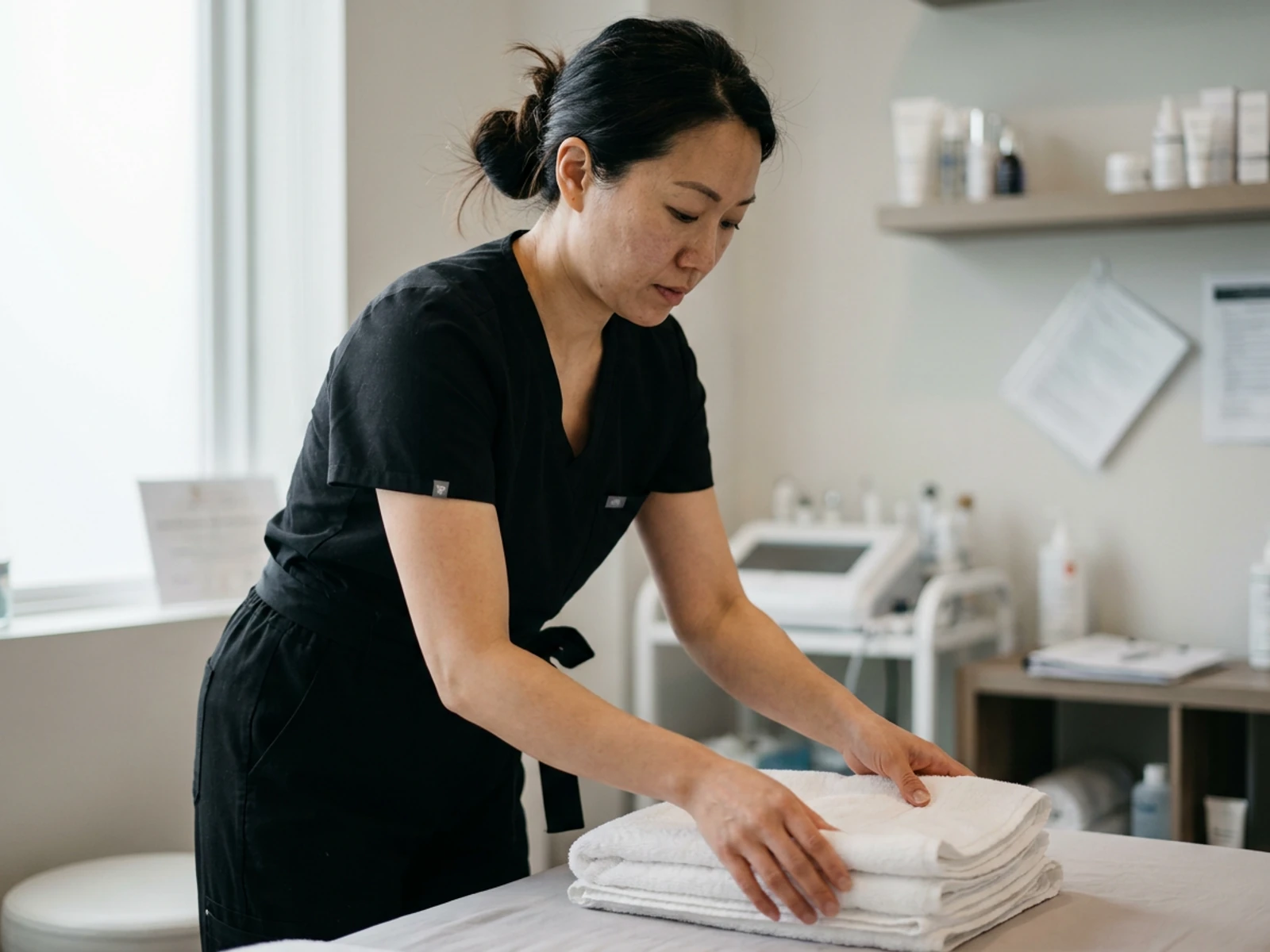 Med spa nurse in a black belted scrub jumpsuit preparing a treatment room