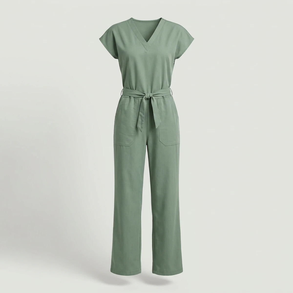 Sage green belted scrub jumpsuit with wide legs and patch pockets
