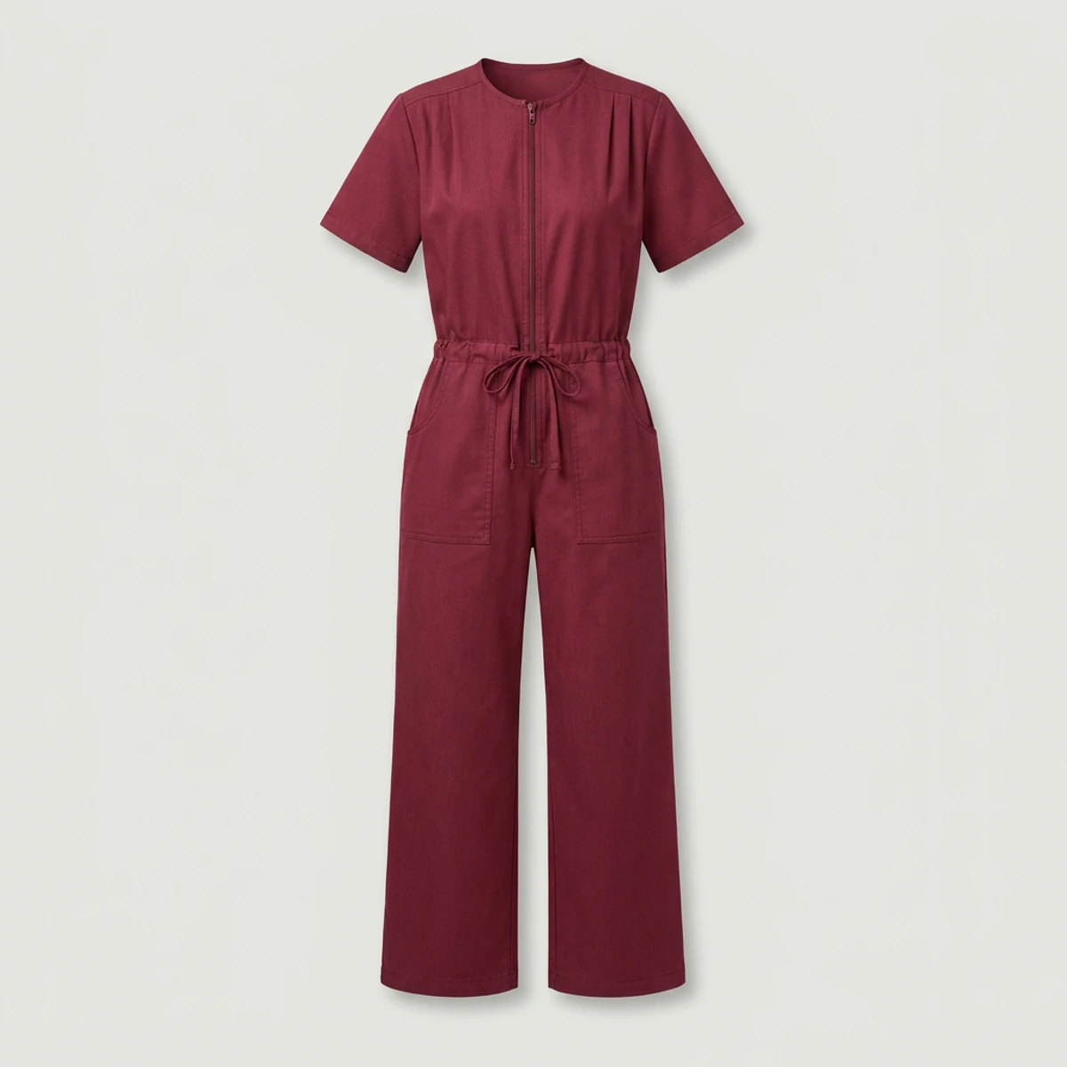 Wine colored wide-leg scrub jumpsuit with drawstring waist and pleated back